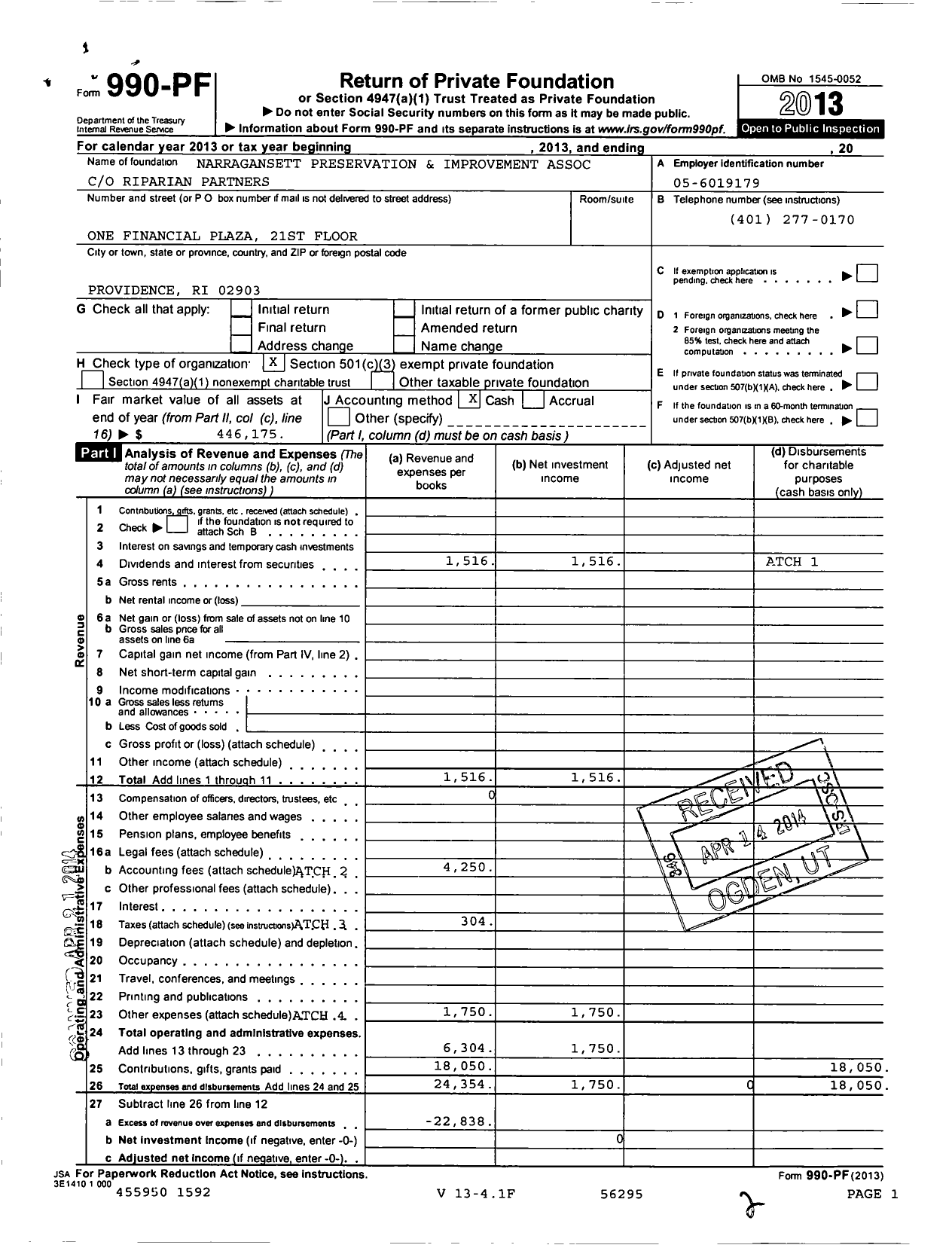 Image of first page of 2013 Form 990PF for Narragansett Preservation and Improvement Association