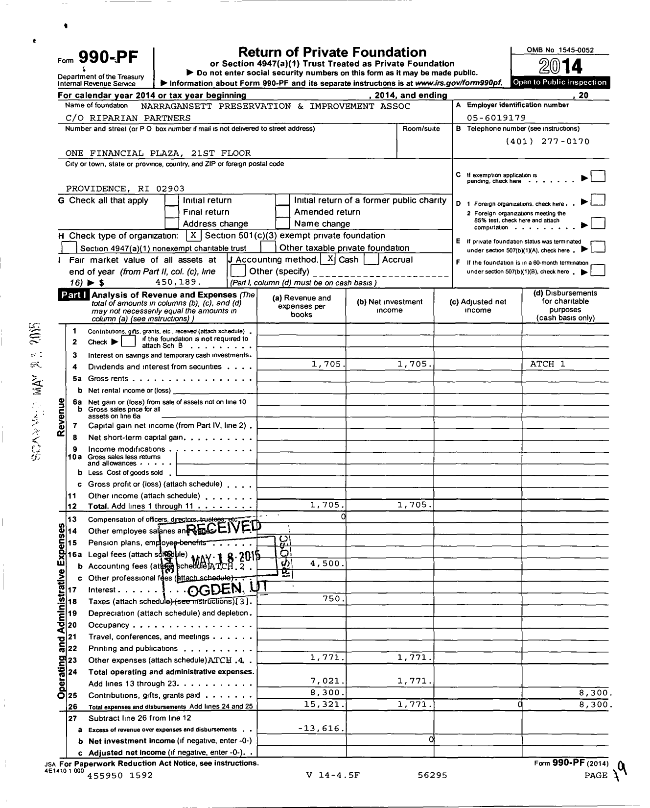 Image of first page of 2014 Form 990PF for Narragansett Preservation and Improvement Association