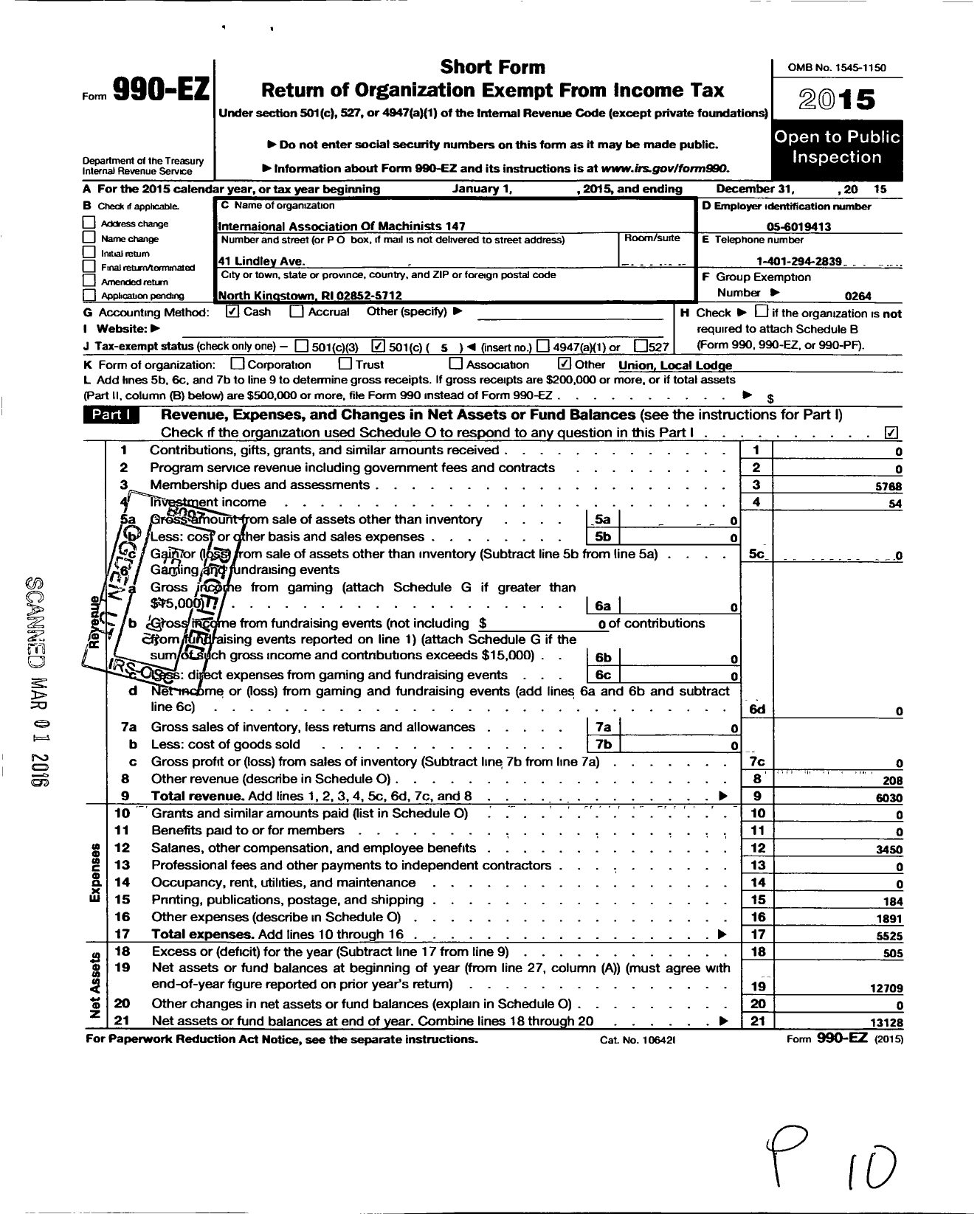 Image of first page of 2015 Form 990EO for International Association of Machinists and Aerospace Workers - 147