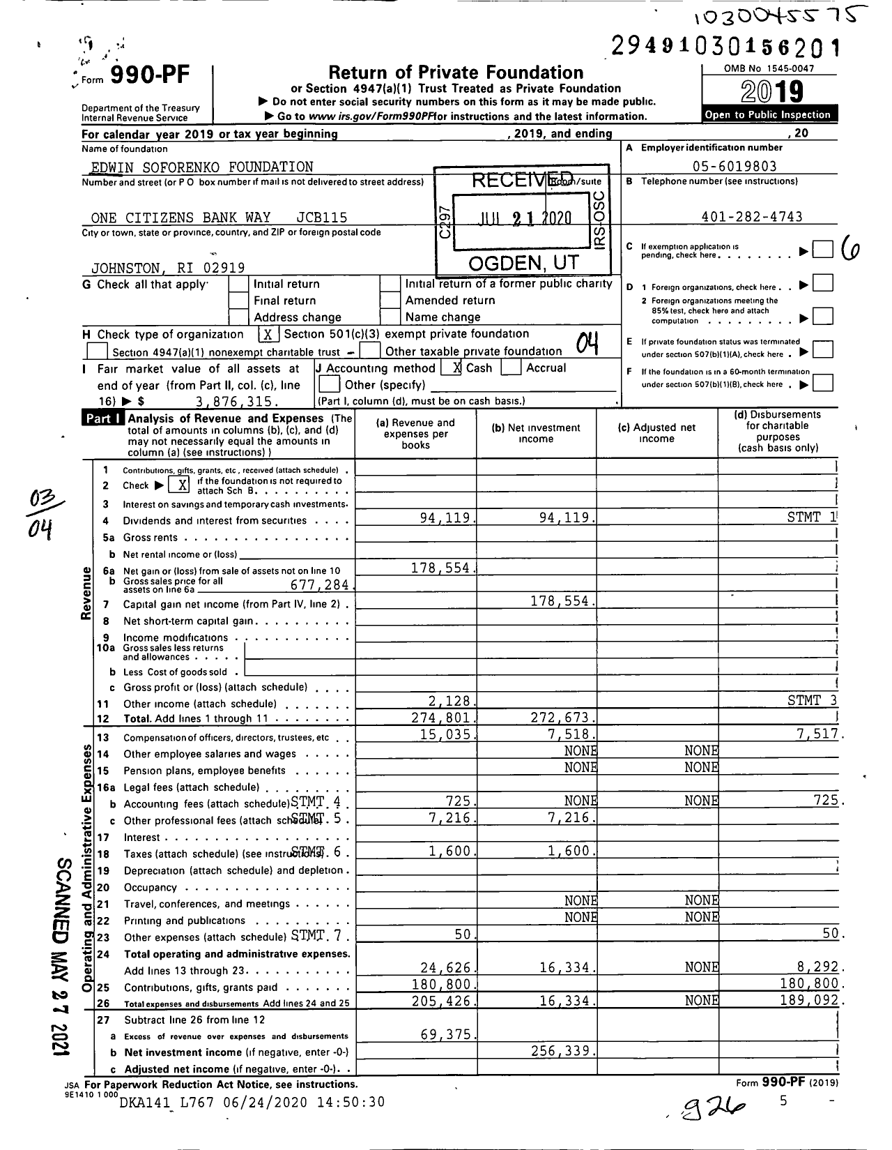 Image of first page of 2019 Form 990PF for Edwin Soforenko Foundation