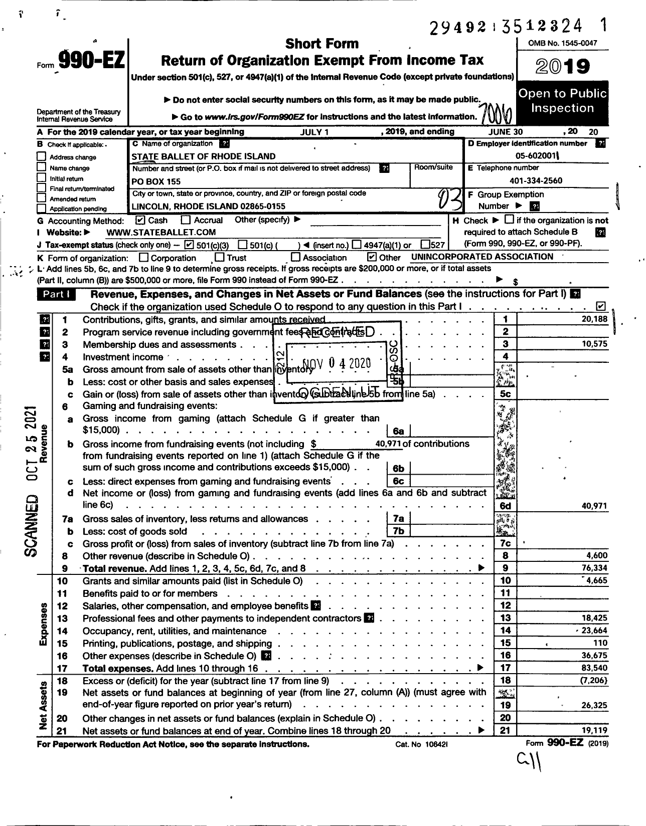 Image of first page of 2019 Form 990EZ for State Ballet of Rhode Island