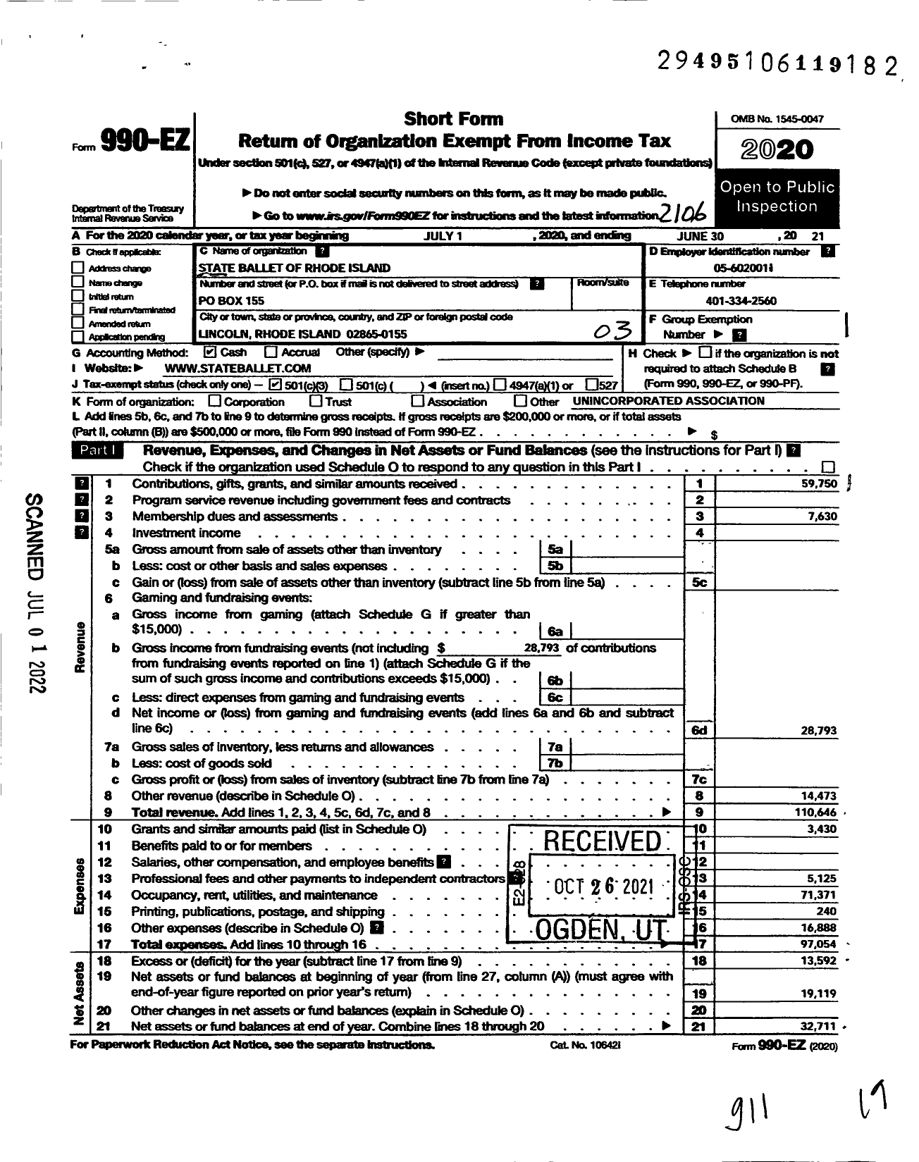 Image of first page of 2020 Form 990EZ for State Ballet of Rhode Island