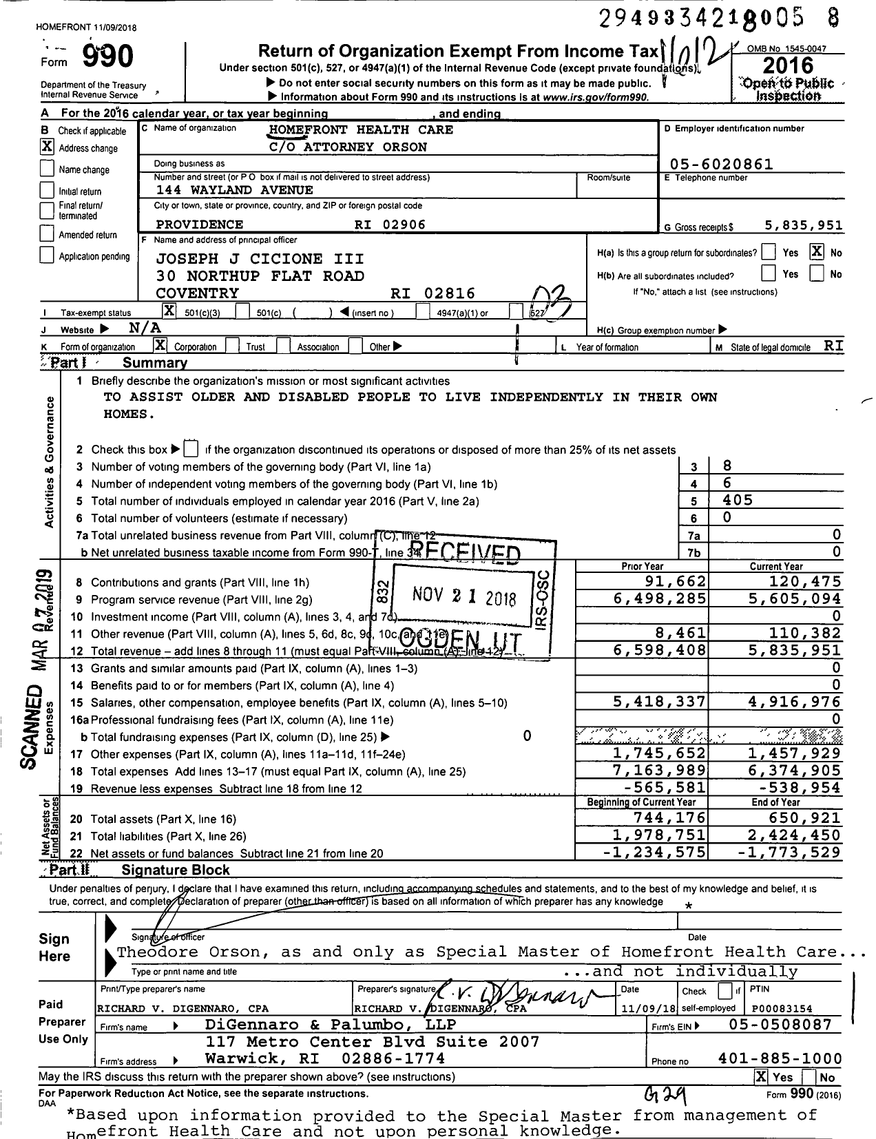 Image of first page of 2016 Form 990 for Homefront Health Care
