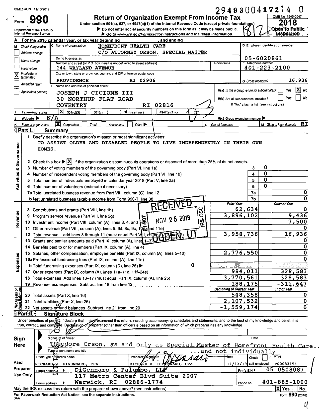 Image of first page of 2018 Form 990 for Homefront Health Care