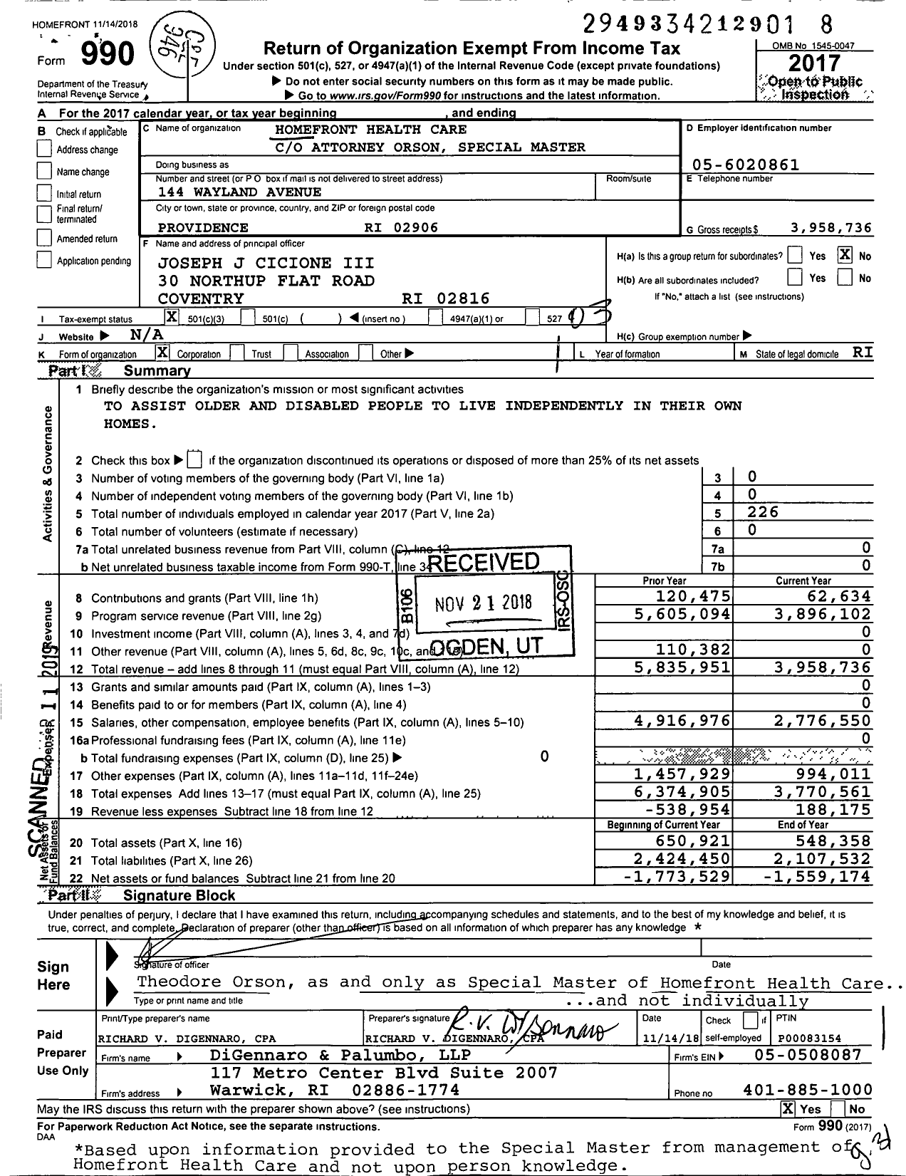 Image of first page of 2017 Form 990 for Homefront Health Care