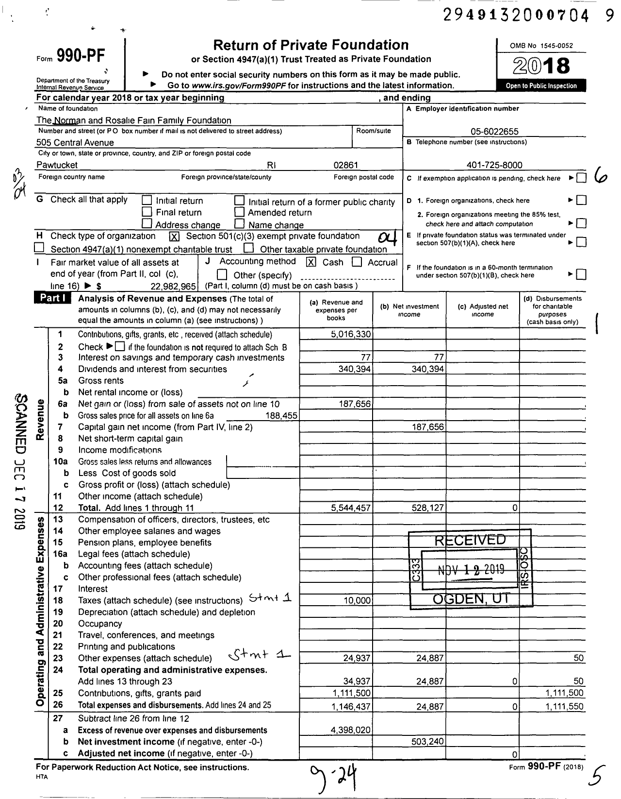 Image of first page of 2018 Form 990PF for The Norman and Rosalie Fain Family Foundation