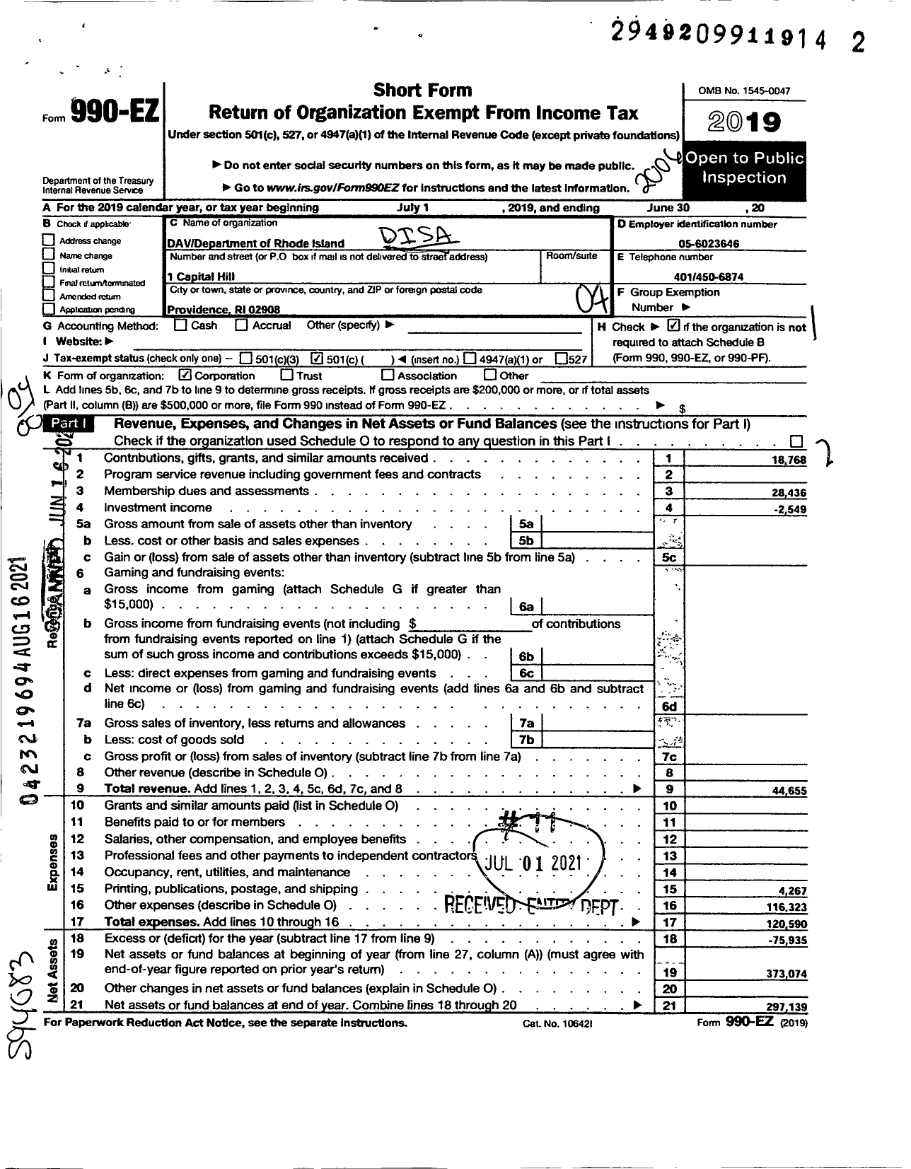 Image of first page of 2019 Form 990EO for DISABLED AMERICAN VETERANS - Dept of Rhode Island