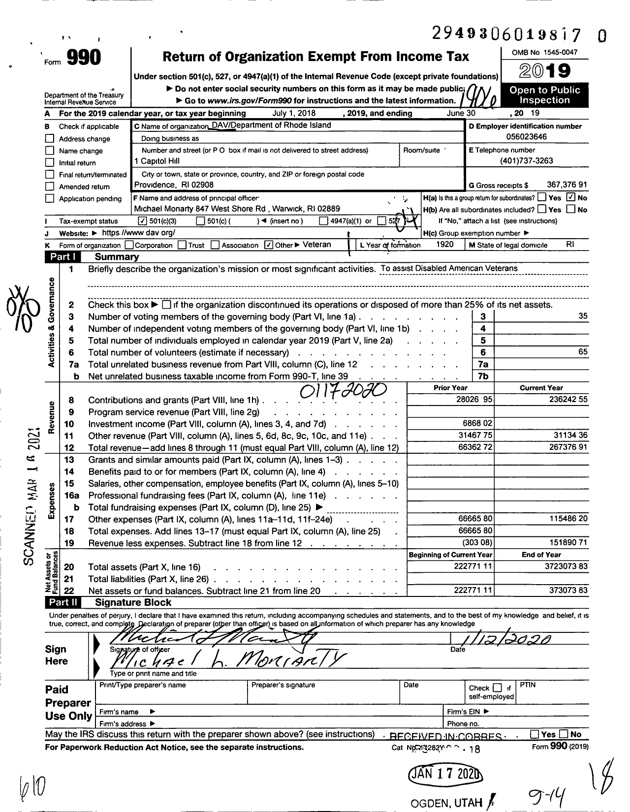 Image of first page of 2018 Form 990O for DISABLED AMERICAN VETERANS - Dept of Rhode Island