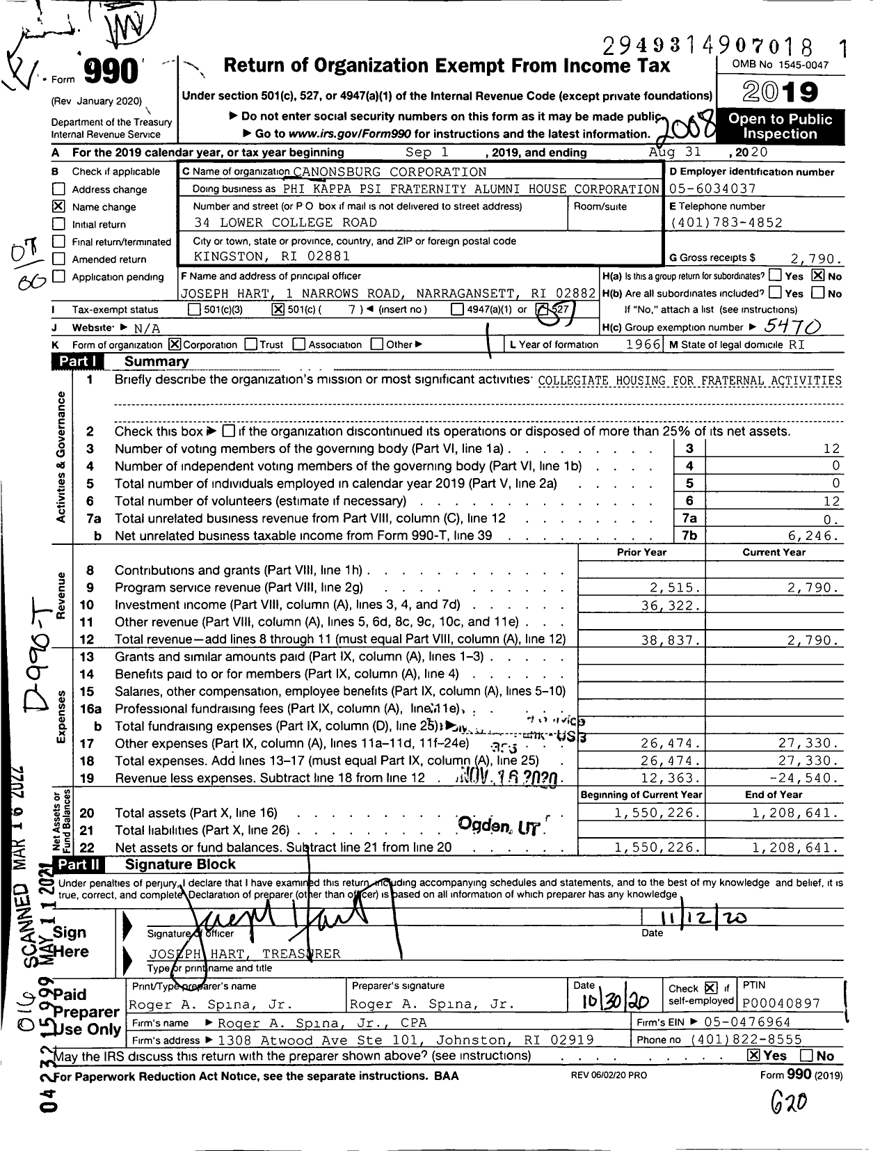 Image of first page of 2019 Form 990O for Phi Kappa Psi Fraternity Alumni House Corporation