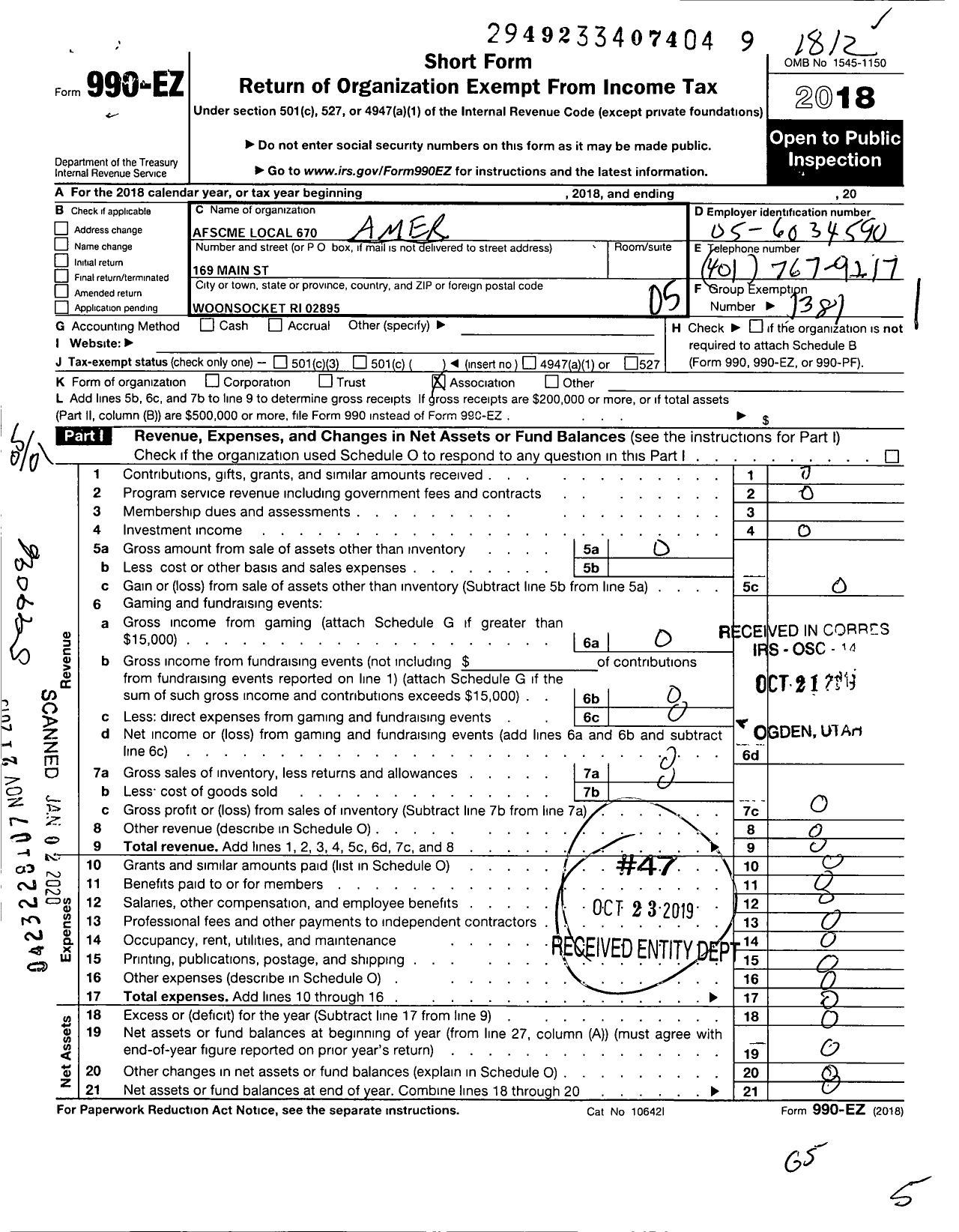 Image of first page of 2018 Form 990EO for American Federation of State County and Municipal Employees