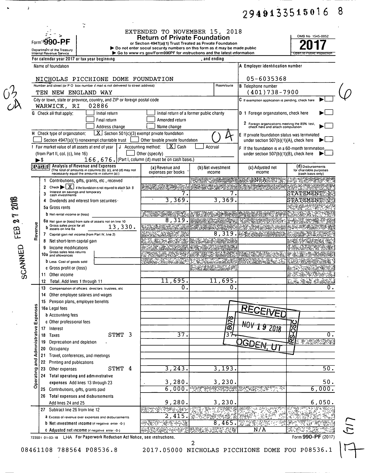 Image of first page of 2017 Form 990PF for Nicholas Picchione Dome Foundation