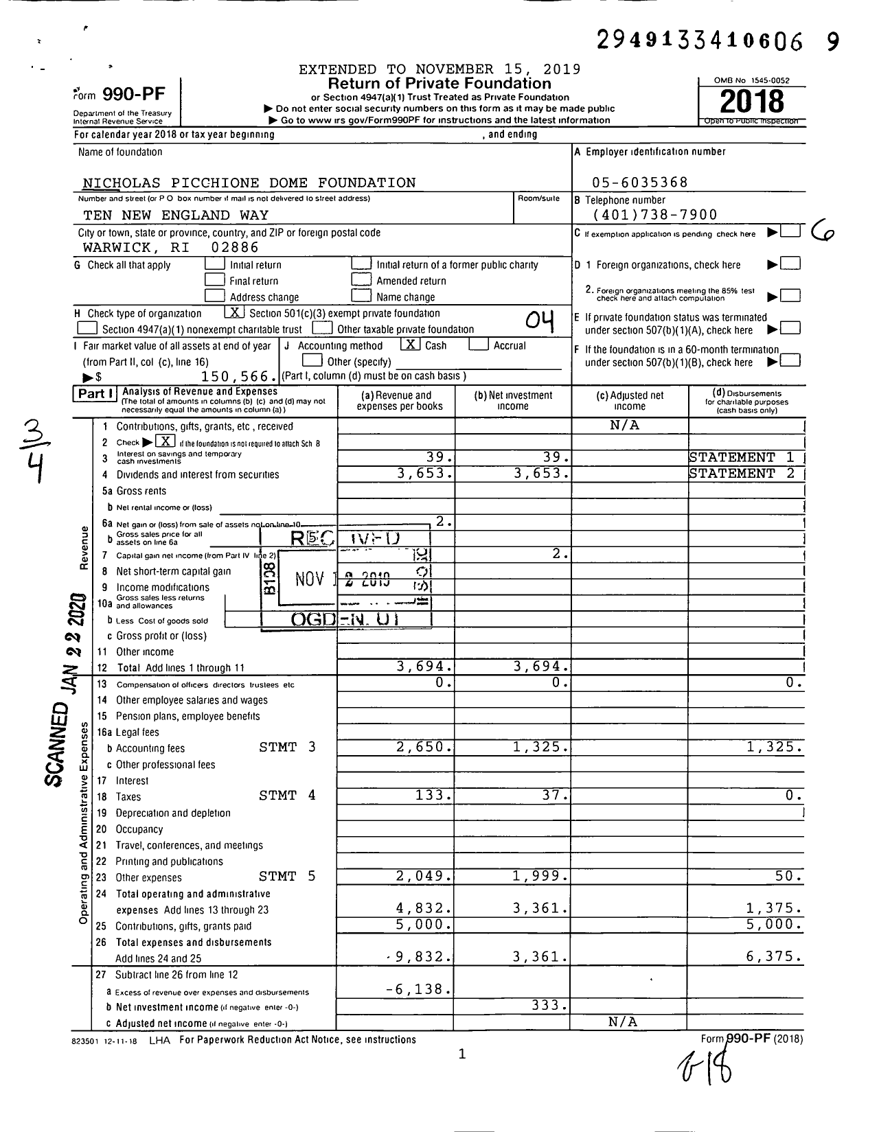 Image of first page of 2018 Form 990PF for Nicholas Picchione Dome Foundation