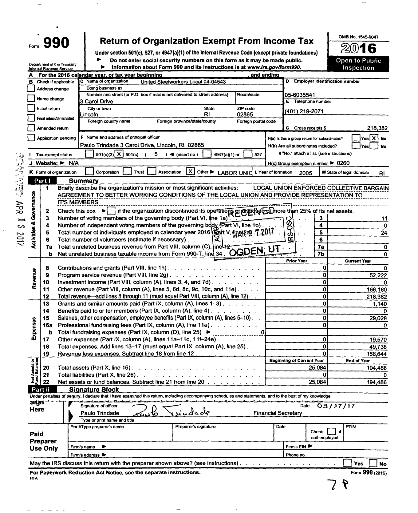 Image of first page of 2016 Form 990O for United Steelworkers - 04543 Local