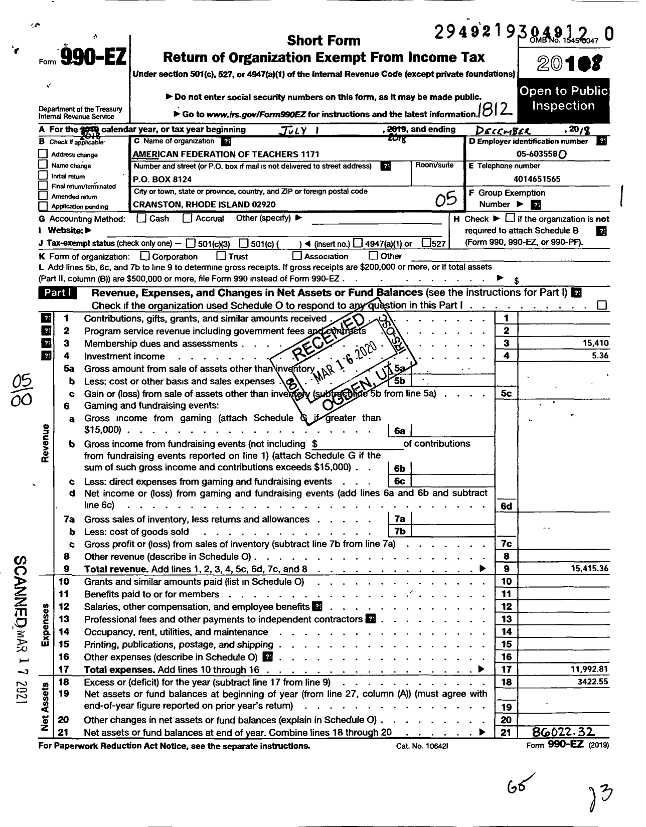 Image of first page of 2018 Form 990EO for American Federation of Teachers - 1171 Howard