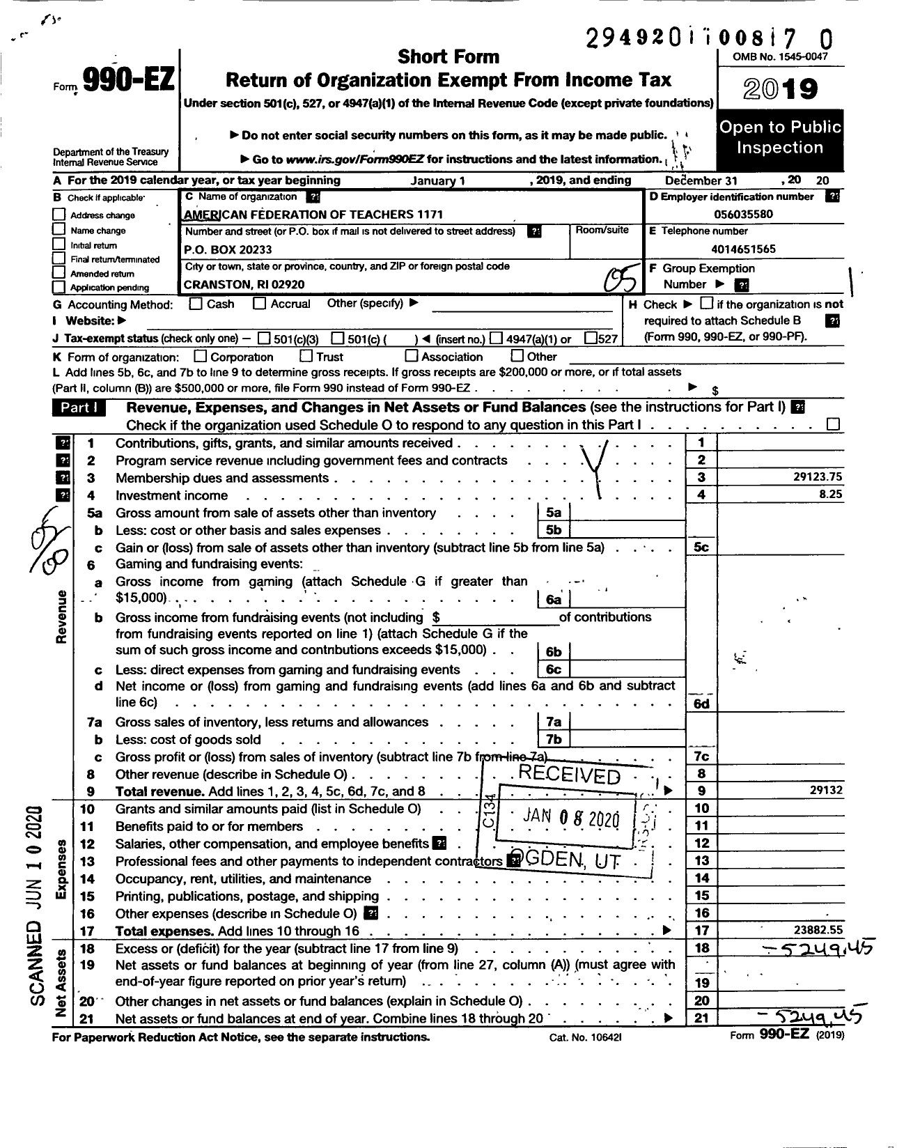 Image of first page of 2020 Form 990EO for American Federation of Teachers - 1171 Howard