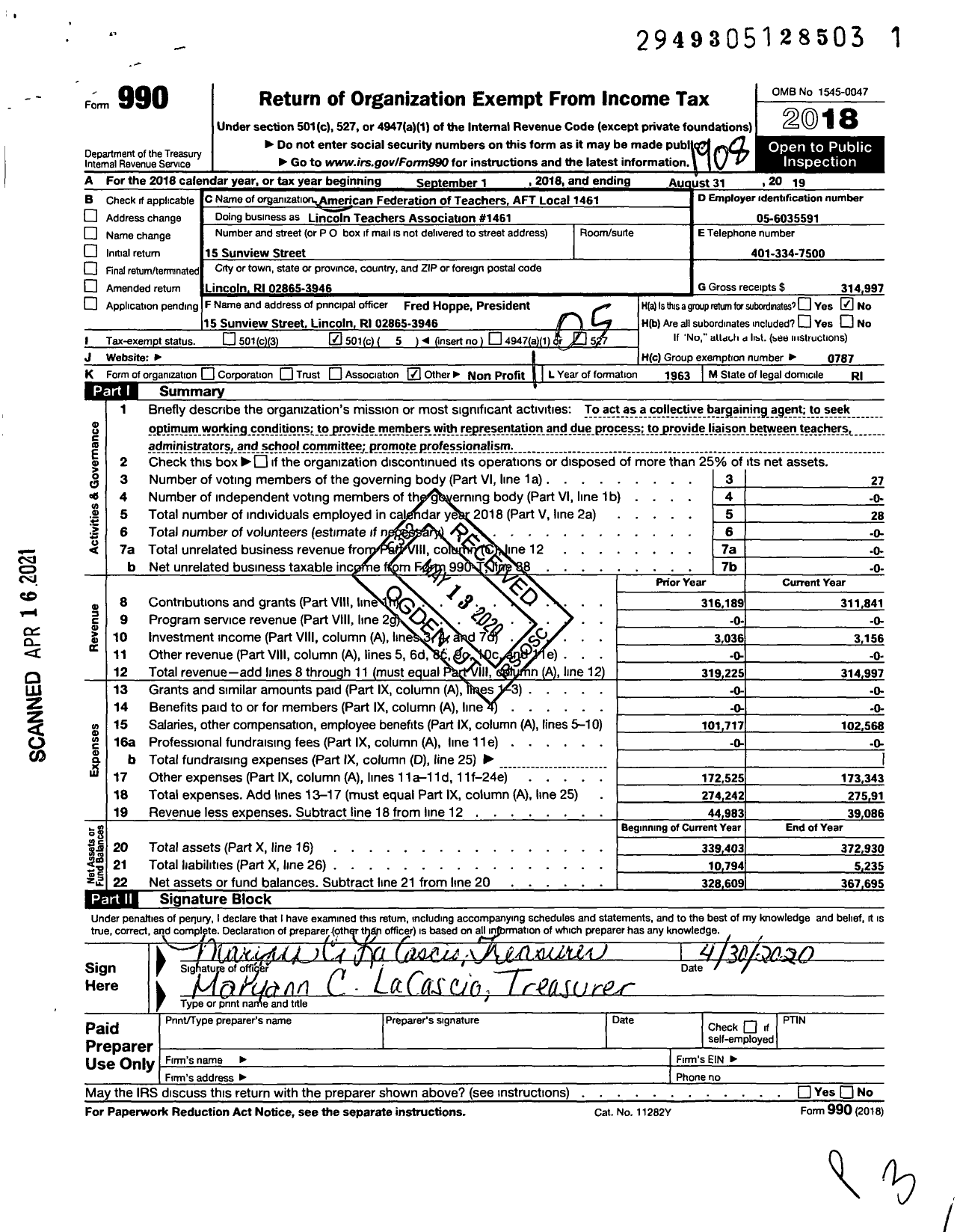 Image of first page of 2018 Form 990O for AMERICAN FEDERATION OF TEACHERS - Lincoln TEACHERS Association #1461