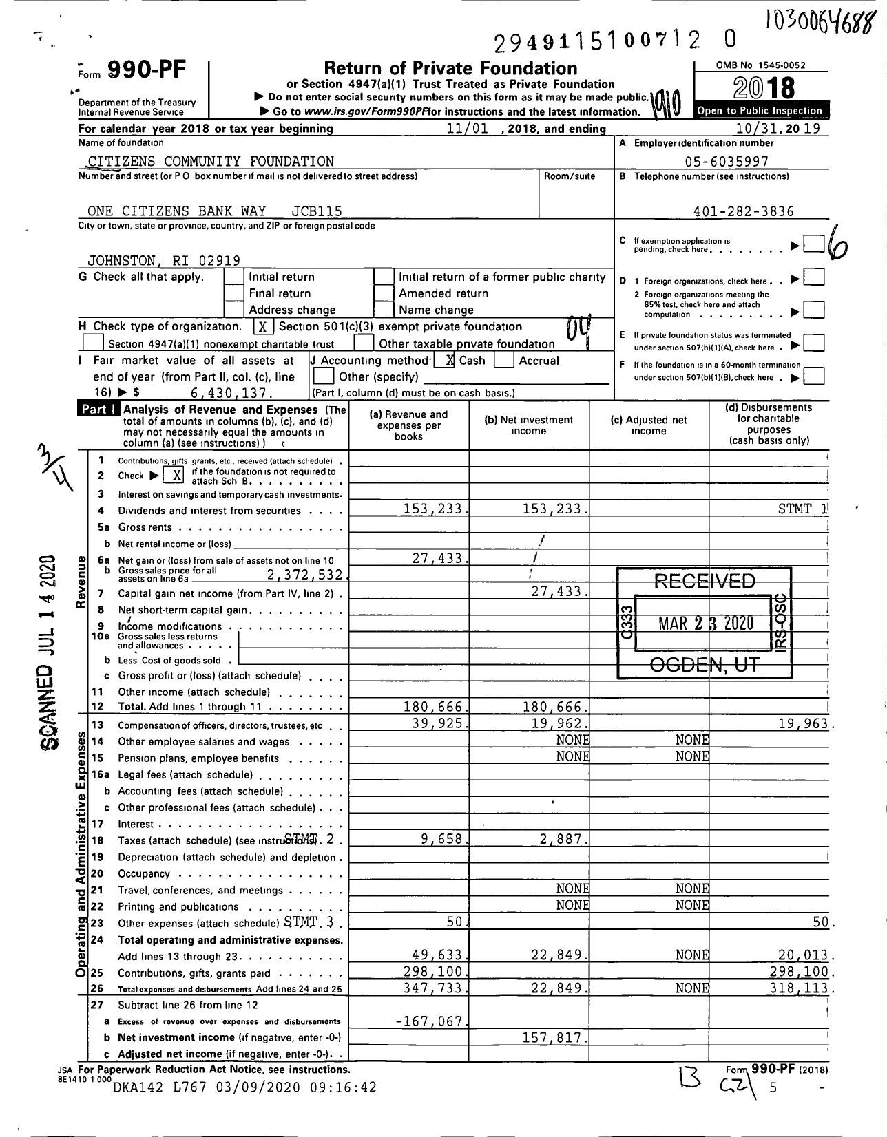 Image of first page of 2018 Form 990PR for Citizens Community Foundation