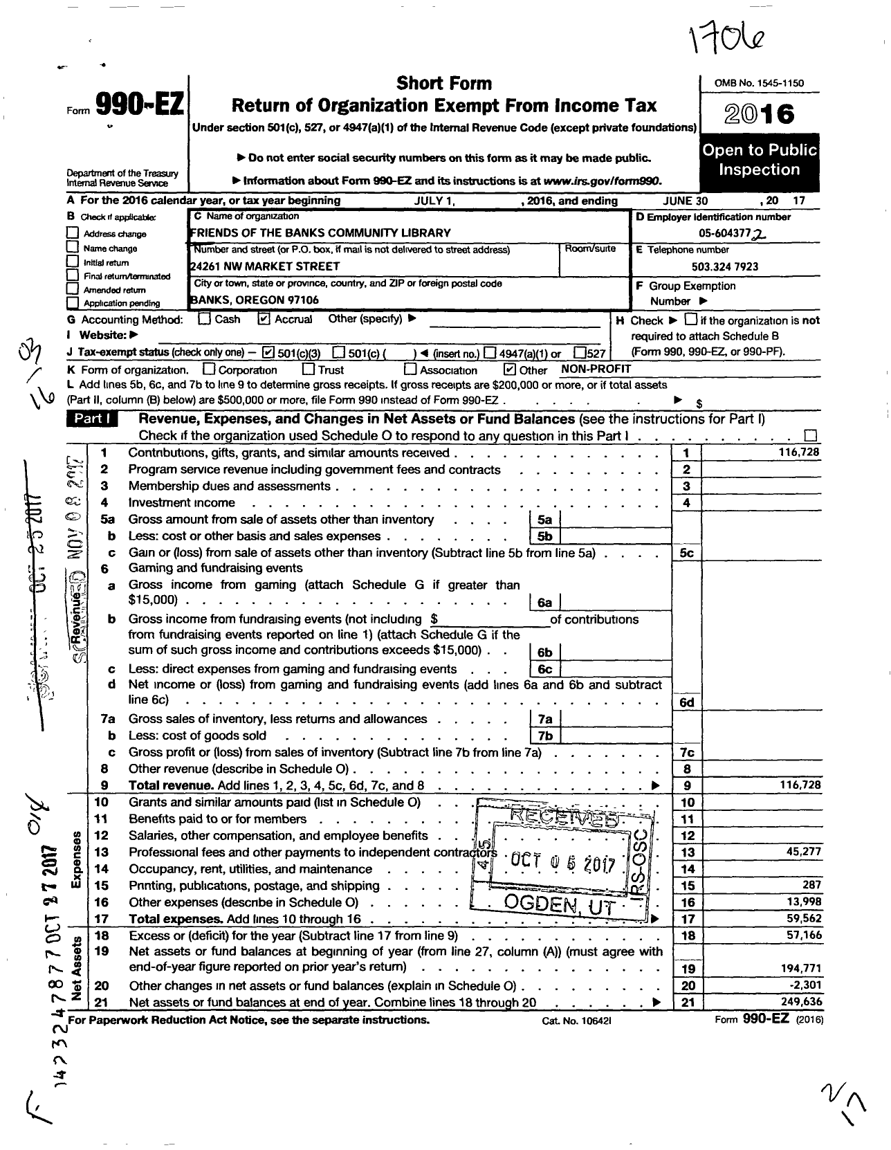 Image of first page of 2016 Form 990EZ for Friends of the Banks Library