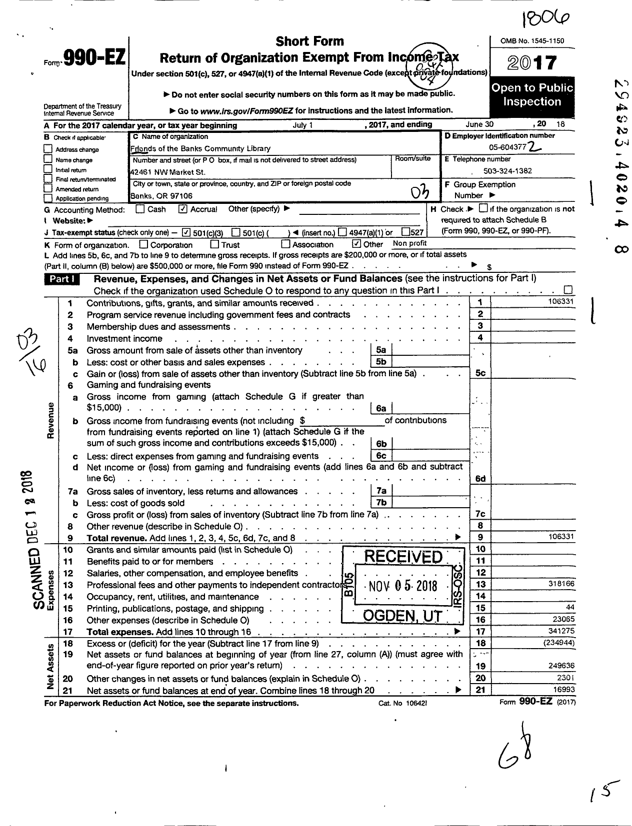 Image of first page of 2017 Form 990EZ for Friends of the Banks Library