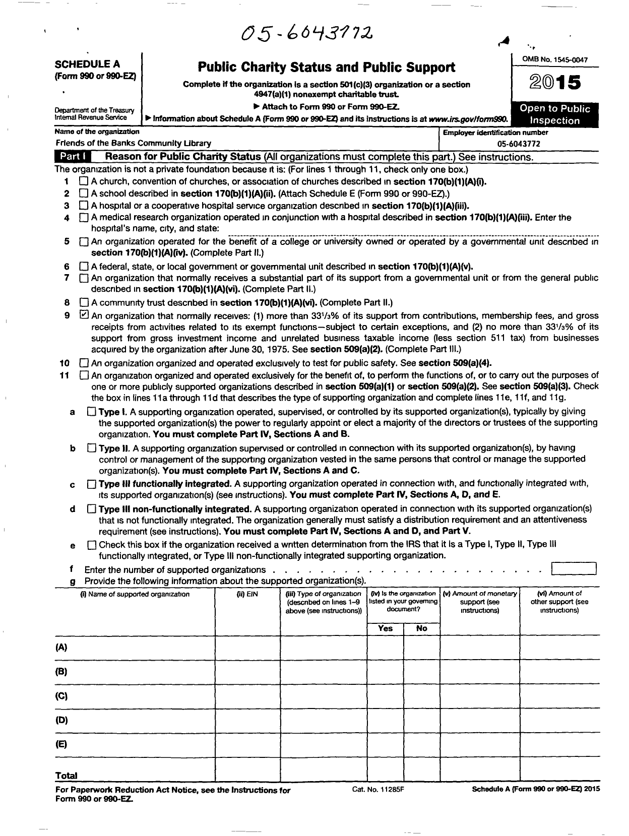 Image of first page of 2015 Form 990ER for Friends of the Banks Library