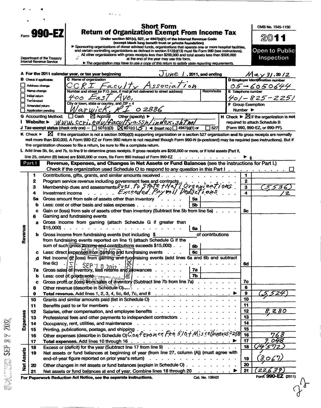 Image of first page of 2011 Form 990EO for Ccri Faculty Association