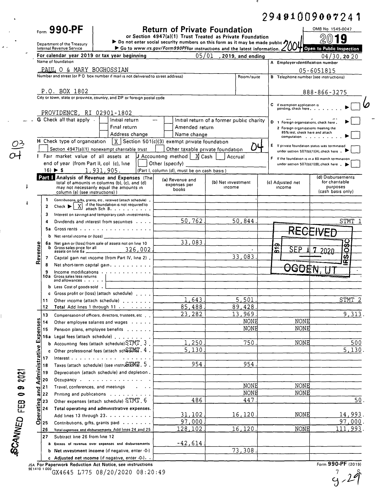 Image of first page of 2019 Form 990PF for Paul O and Mary Boghossian