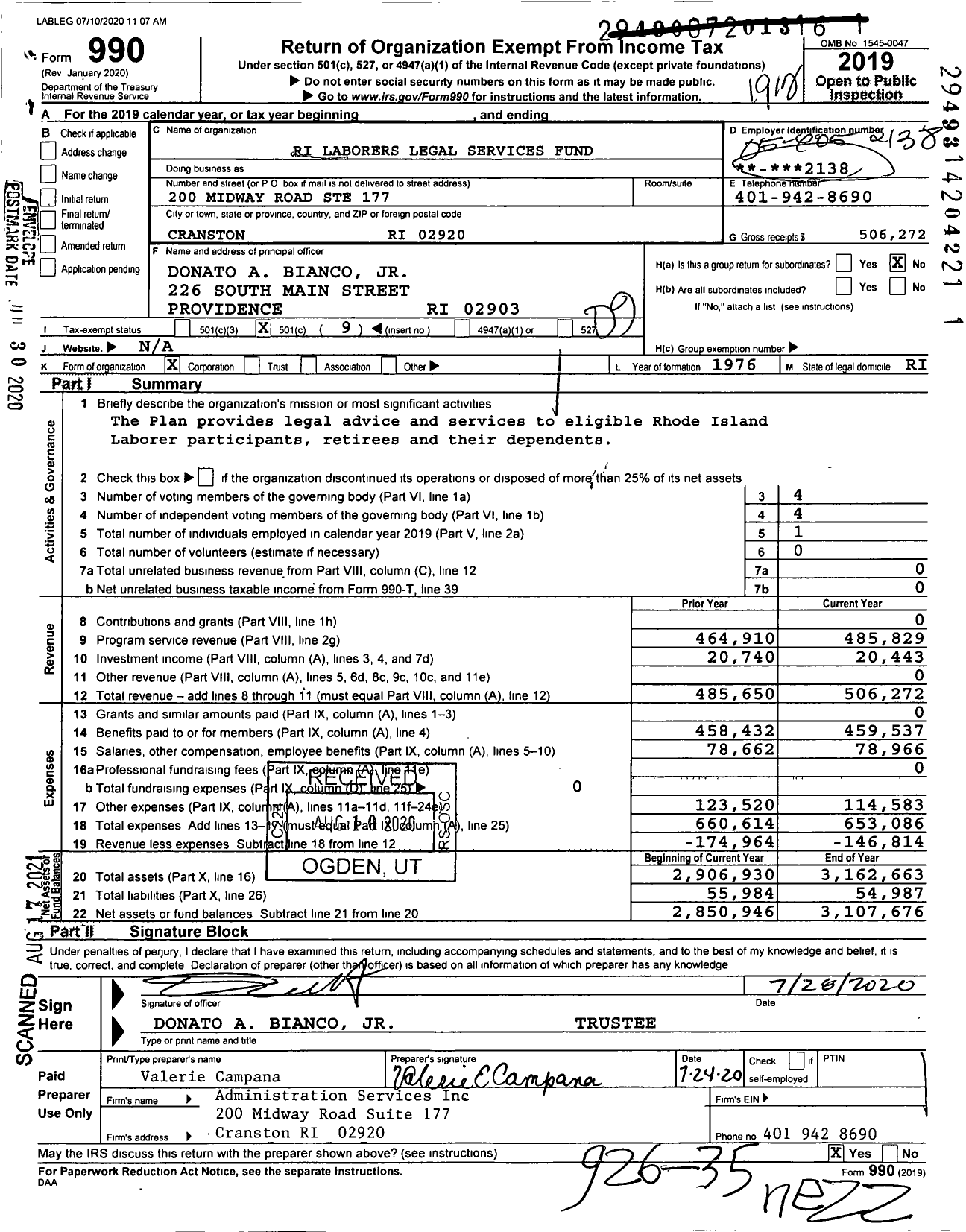 Image of first page of 2019 Form 990O for Rhode Island Laborers Legal