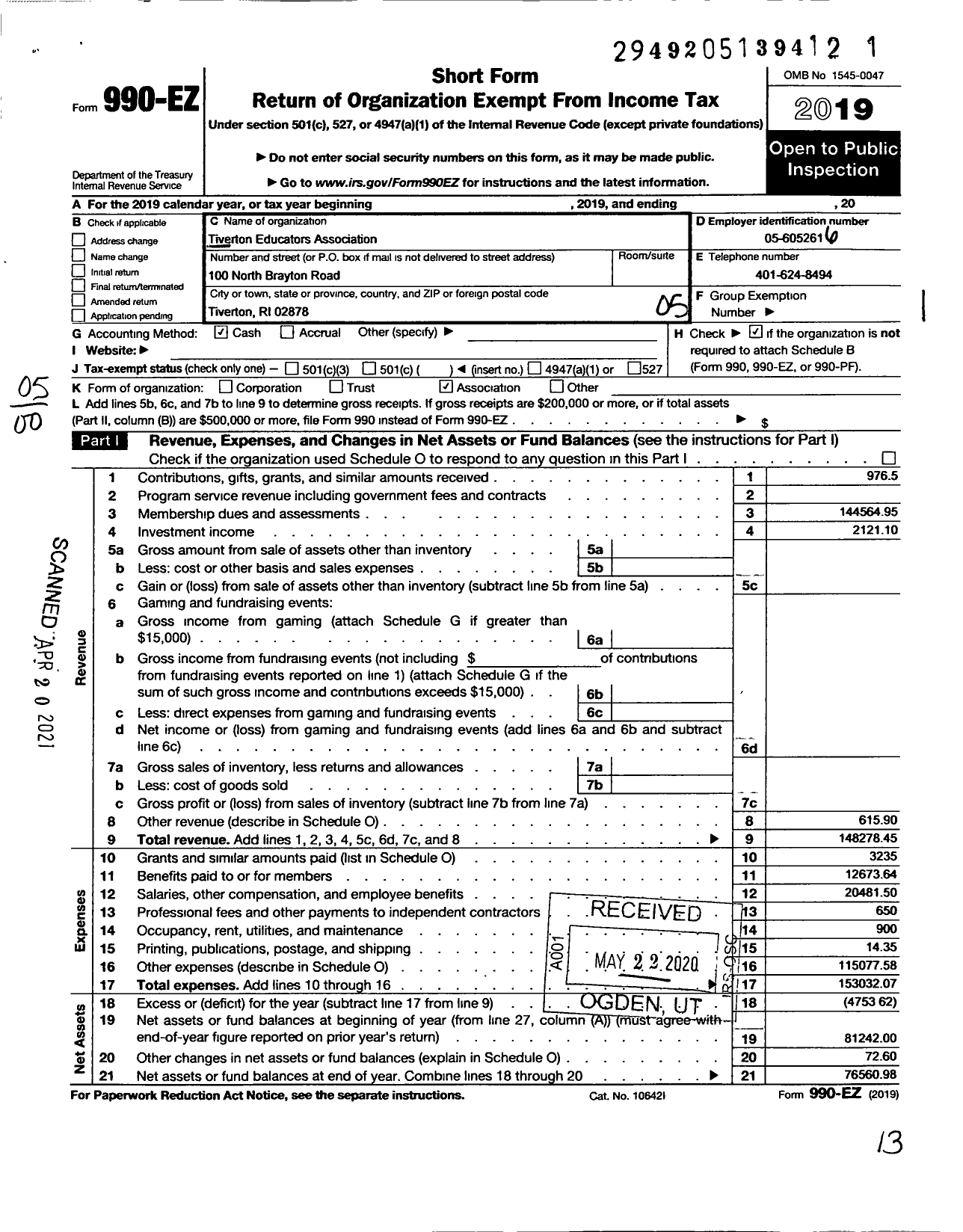 Image of first page of 2019 Form 990EO for Tiverton Education Association