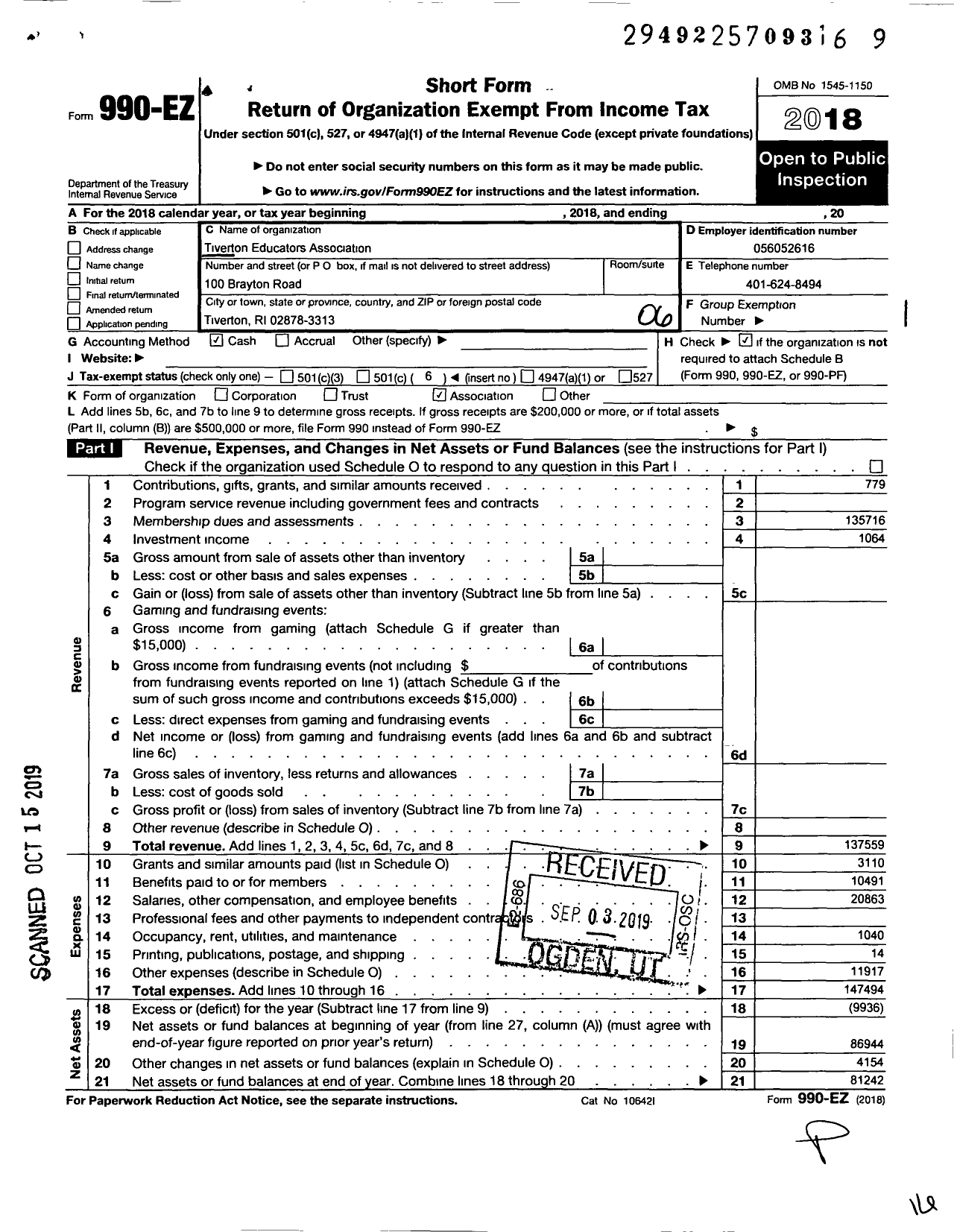 Image of first page of 2018 Form 990EO for Tiverton Education Association