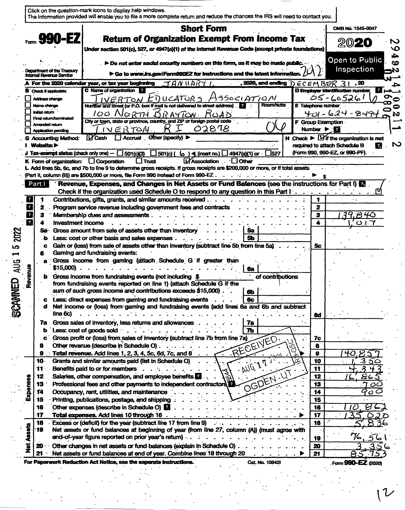 Image of first page of 2020 Form 990EO for Tiverton Education Association