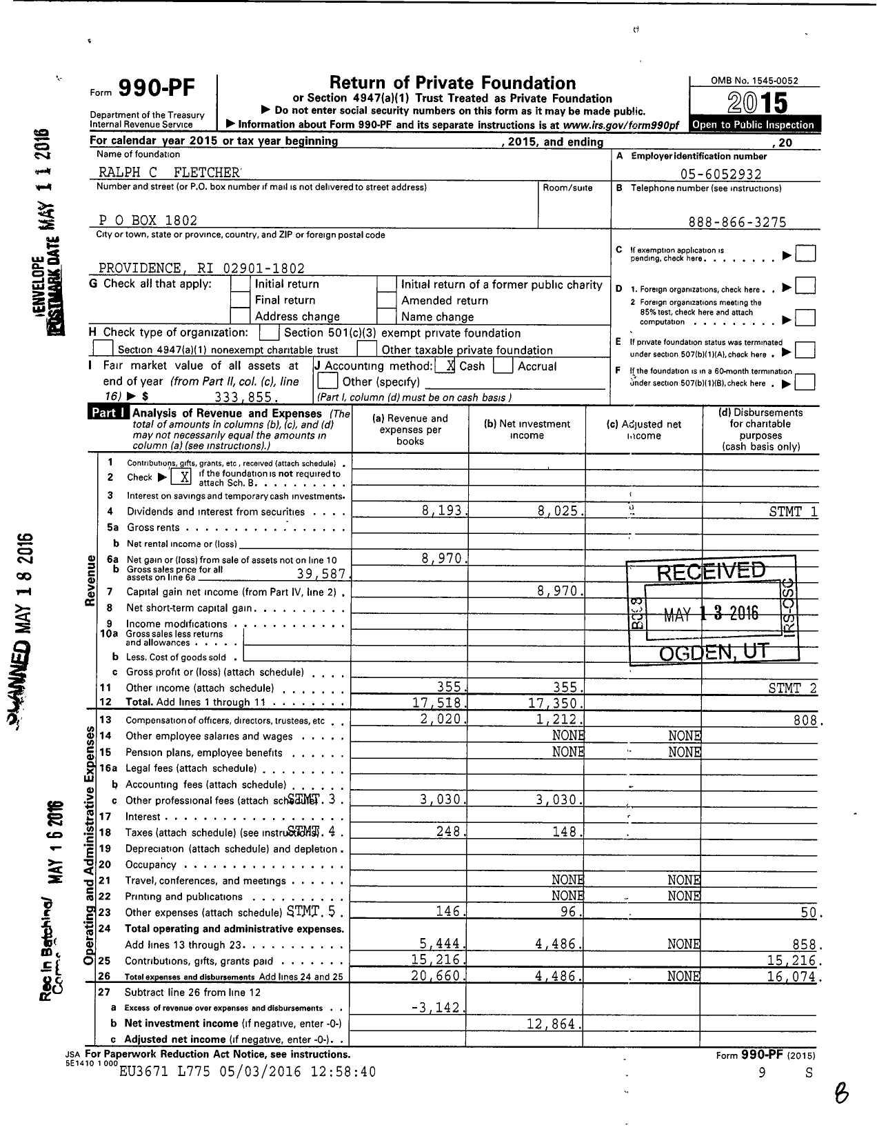 Image of first page of 2015 Form 990PF for Tuw Ralph C Fletcher