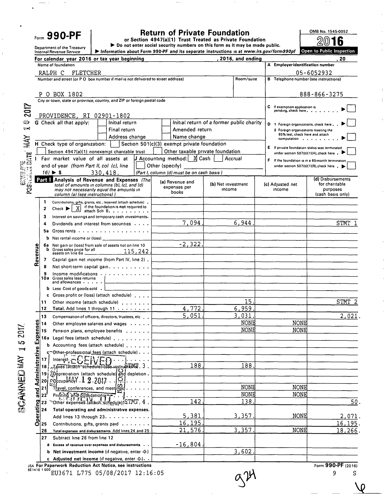 Image of first page of 2016 Form 990PF for Tuw Ralph C Fletcher