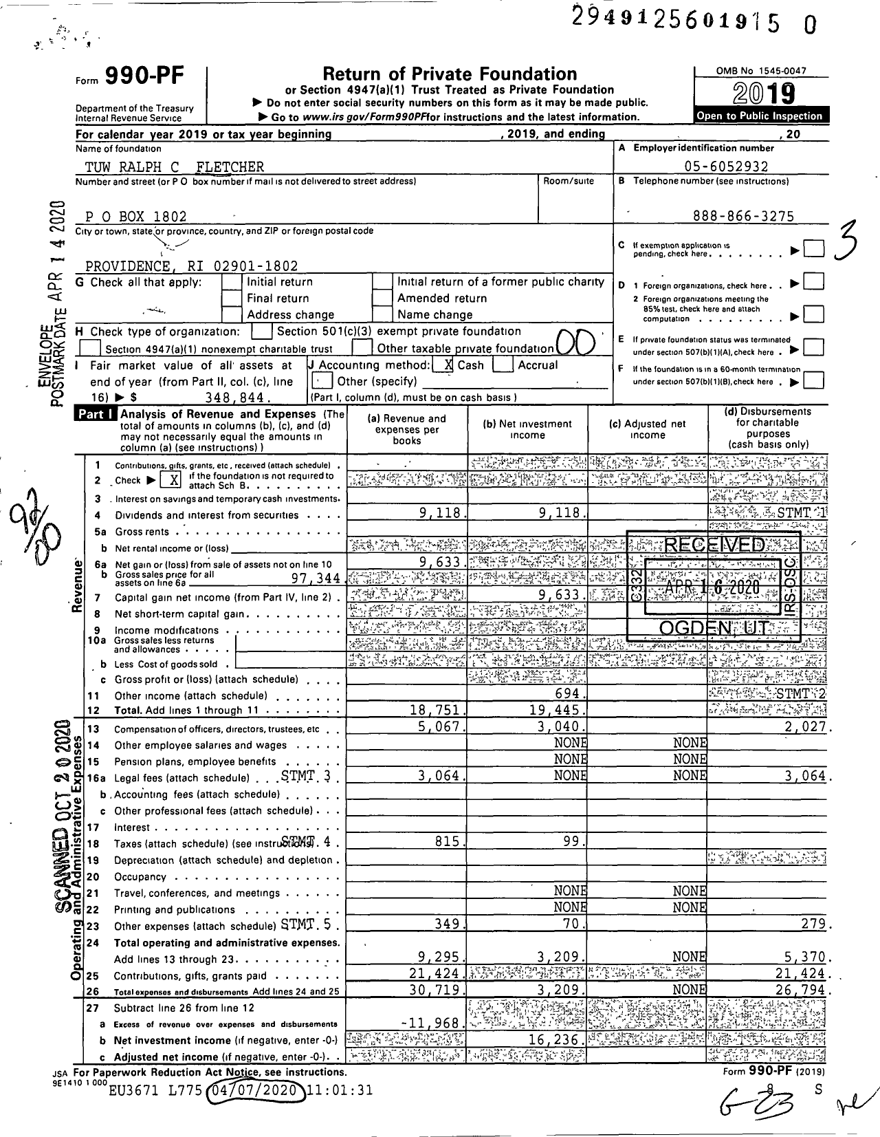 Image of first page of 2019 Form 990PR for Tuw Ralph C Fletcher