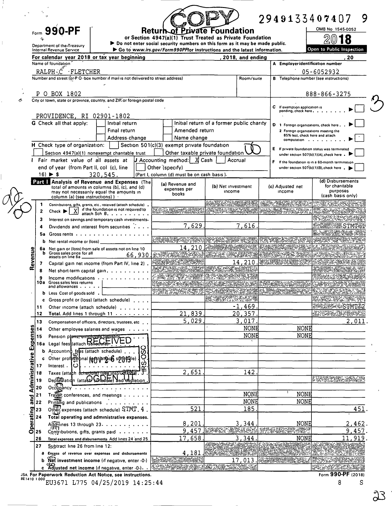 Image of first page of 2018 Form 990PF for Tuw Ralph C Fletcher