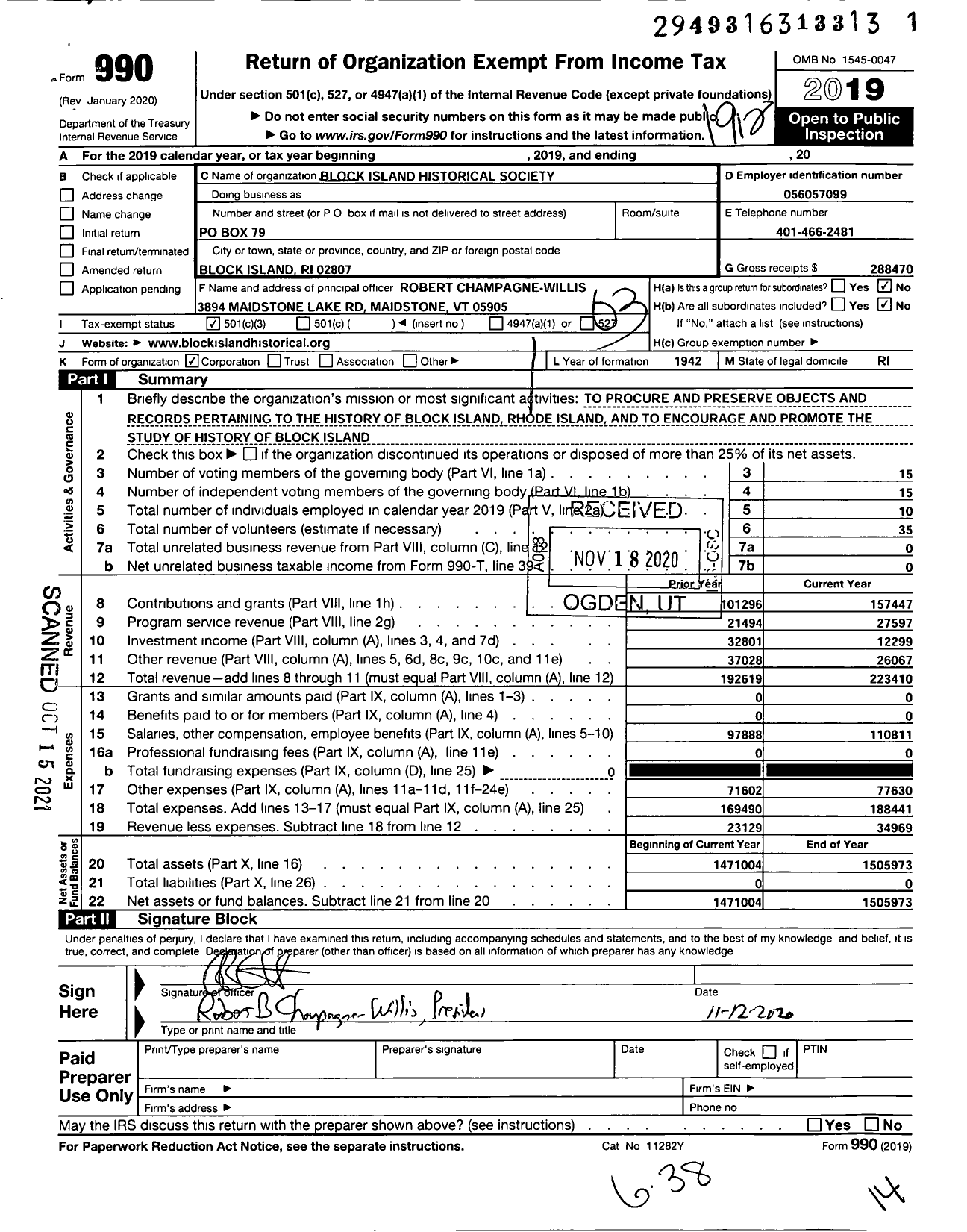 Image of first page of 2019 Form 990 for Block Island Historical Society