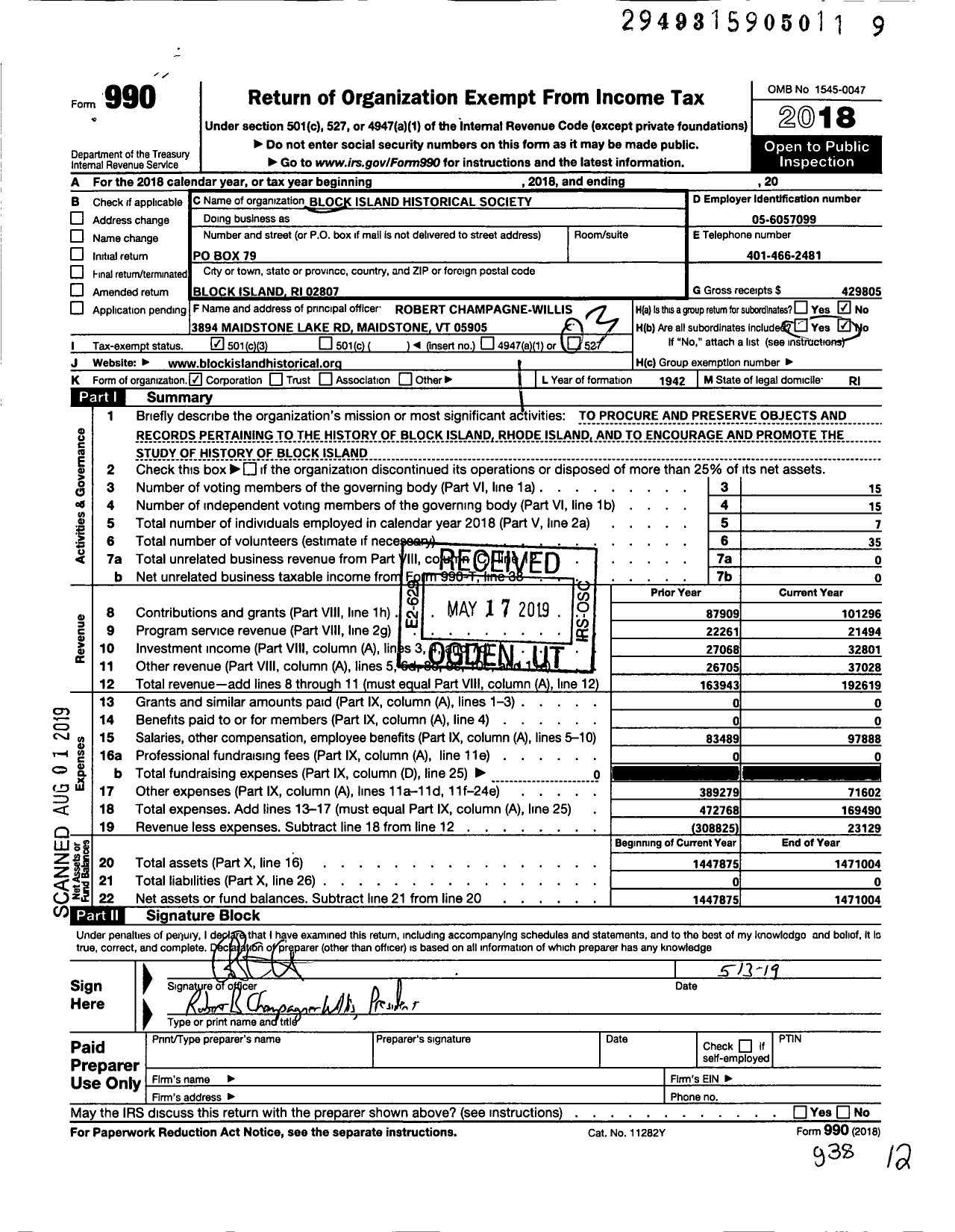 Image of first page of 2018 Form 990 for Block Island Historical Society