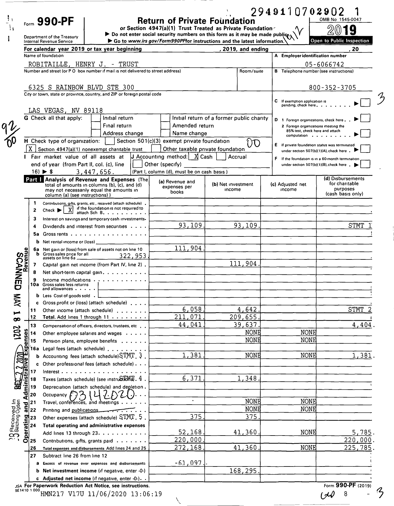 Image of first page of 2019 Form 990PF for Robitaille Henry J - Trust