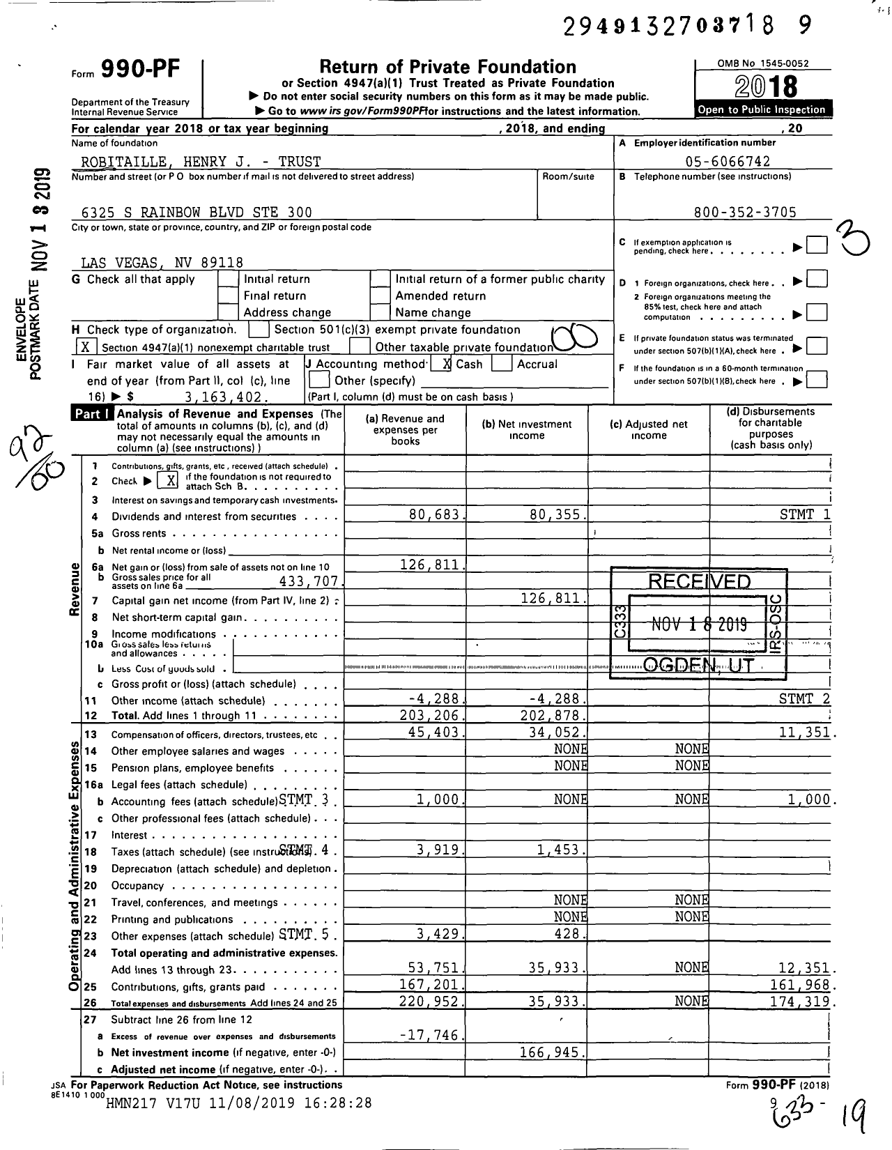 Image of first page of 2018 Form 990PF for Robitaille Henry J - Trust