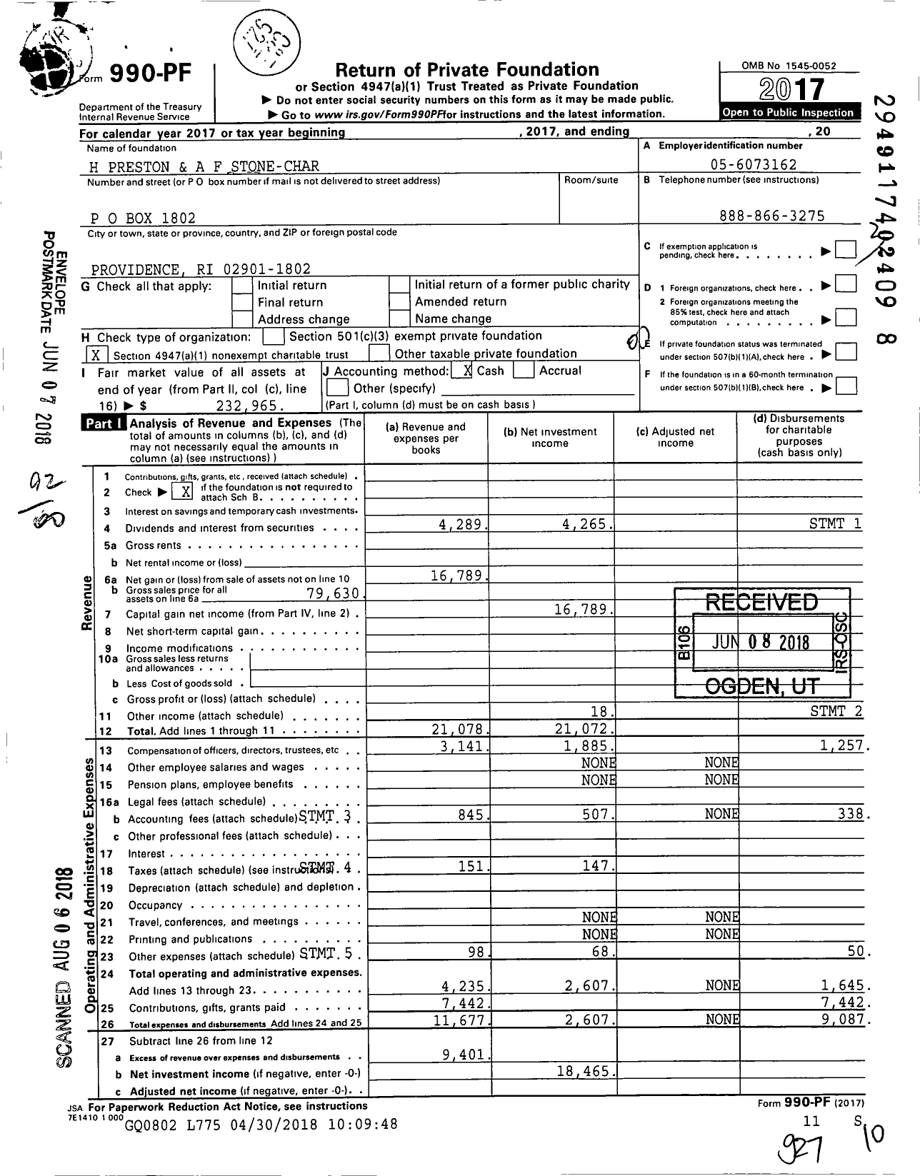 Image of first page of 2017 Form 990PF for H Preston and A F Stone-Char