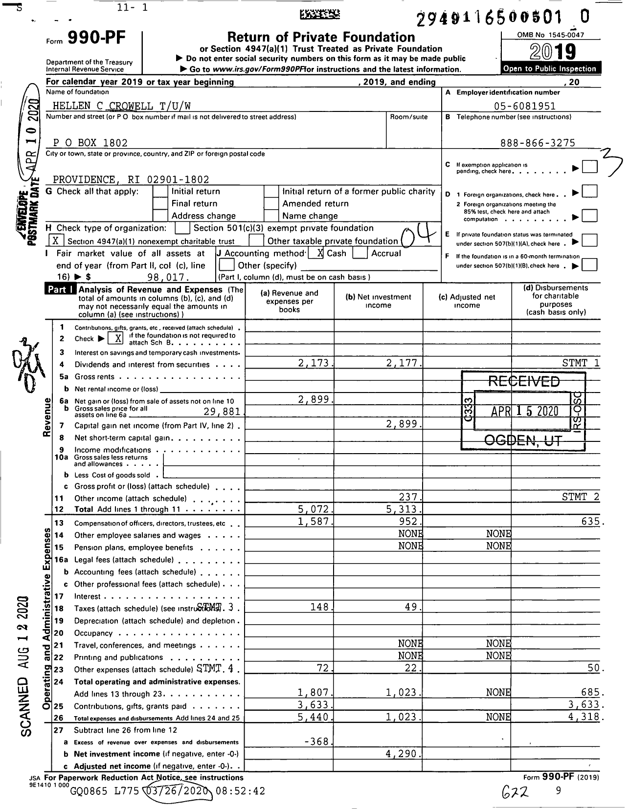 Image of first page of 2019 Form 990PR for Hellen C Crowell Tuw