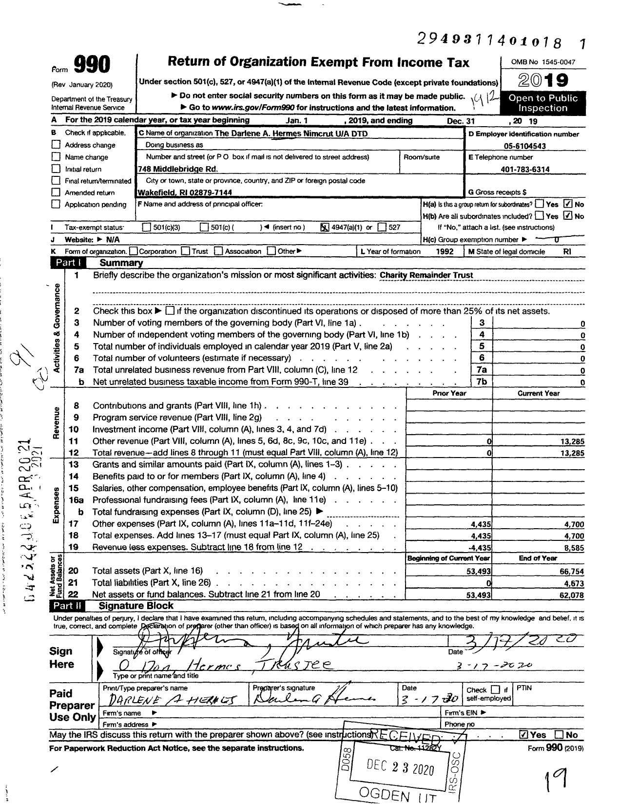 Image of first page of 2019 Form 990O for The Darlene A Hermes Nimcrut DTD