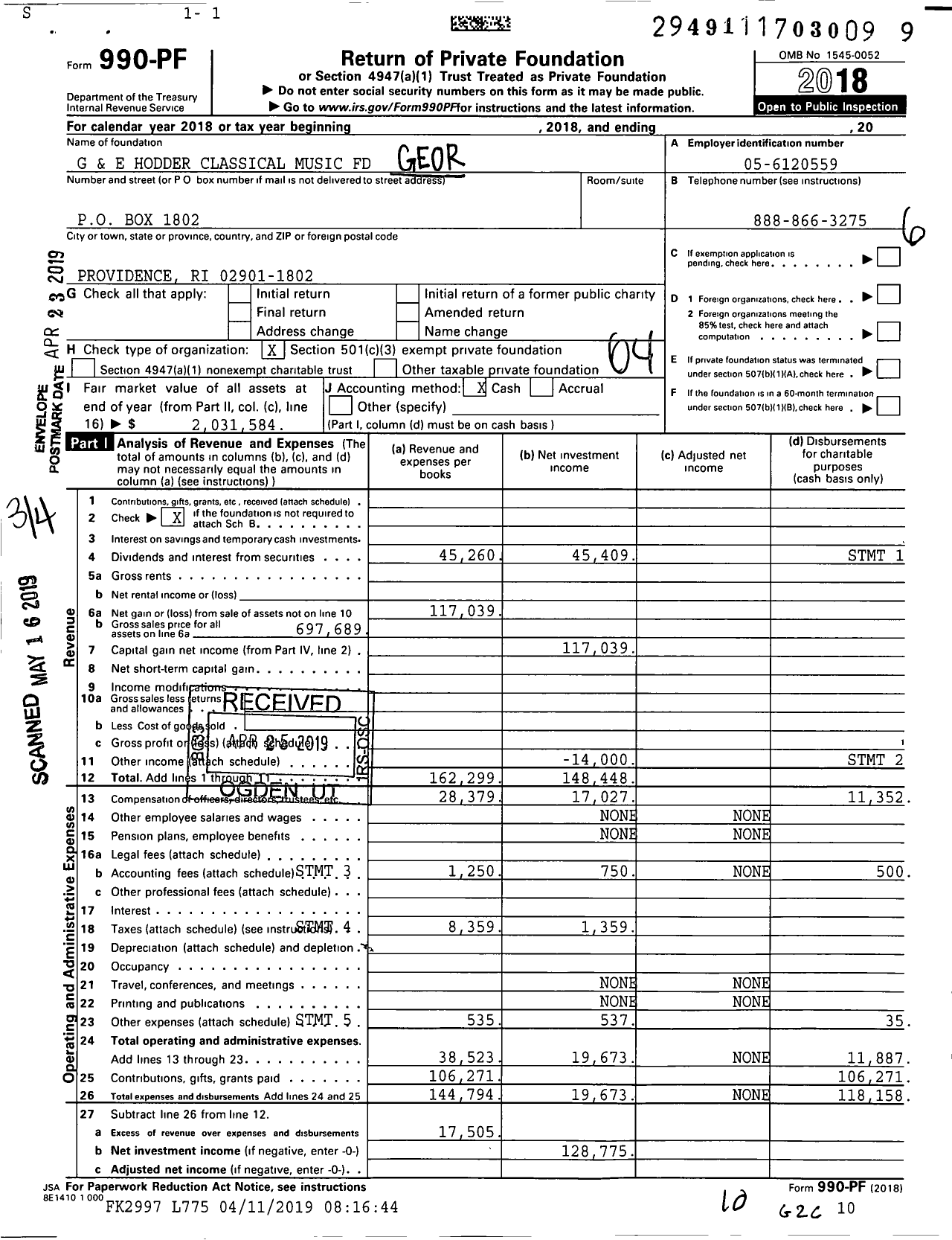 Image of first page of 2018 Form 990PF for The George F and Elsie Barnard Hodder Classic