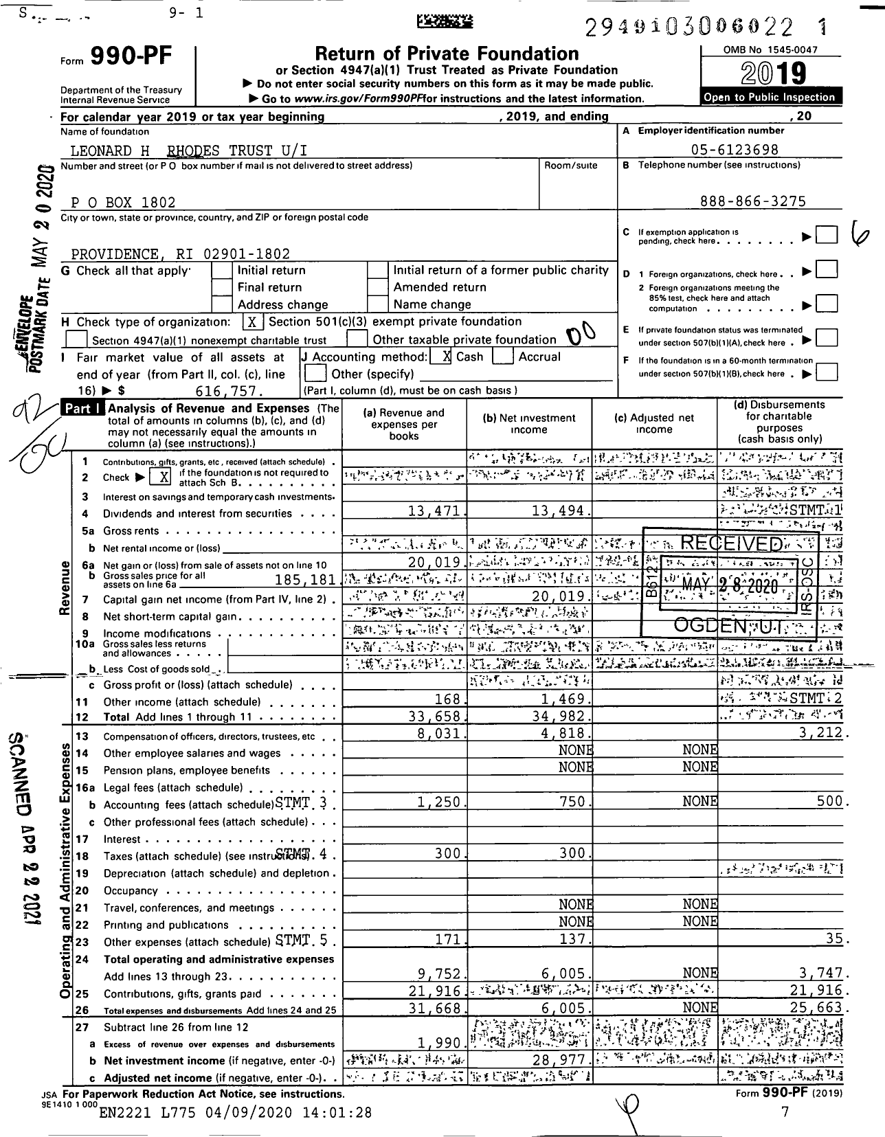 Image of first page of 2019 Form 990PF for Leonard H Rhodes Trust Ui