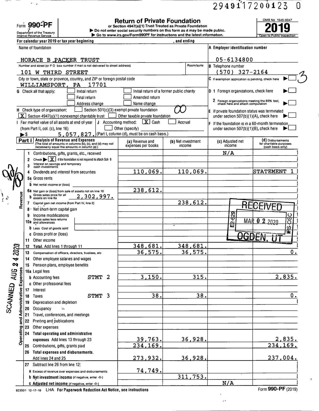 Image of first page of 2019 Form 990PR for Horace B Packer Trust