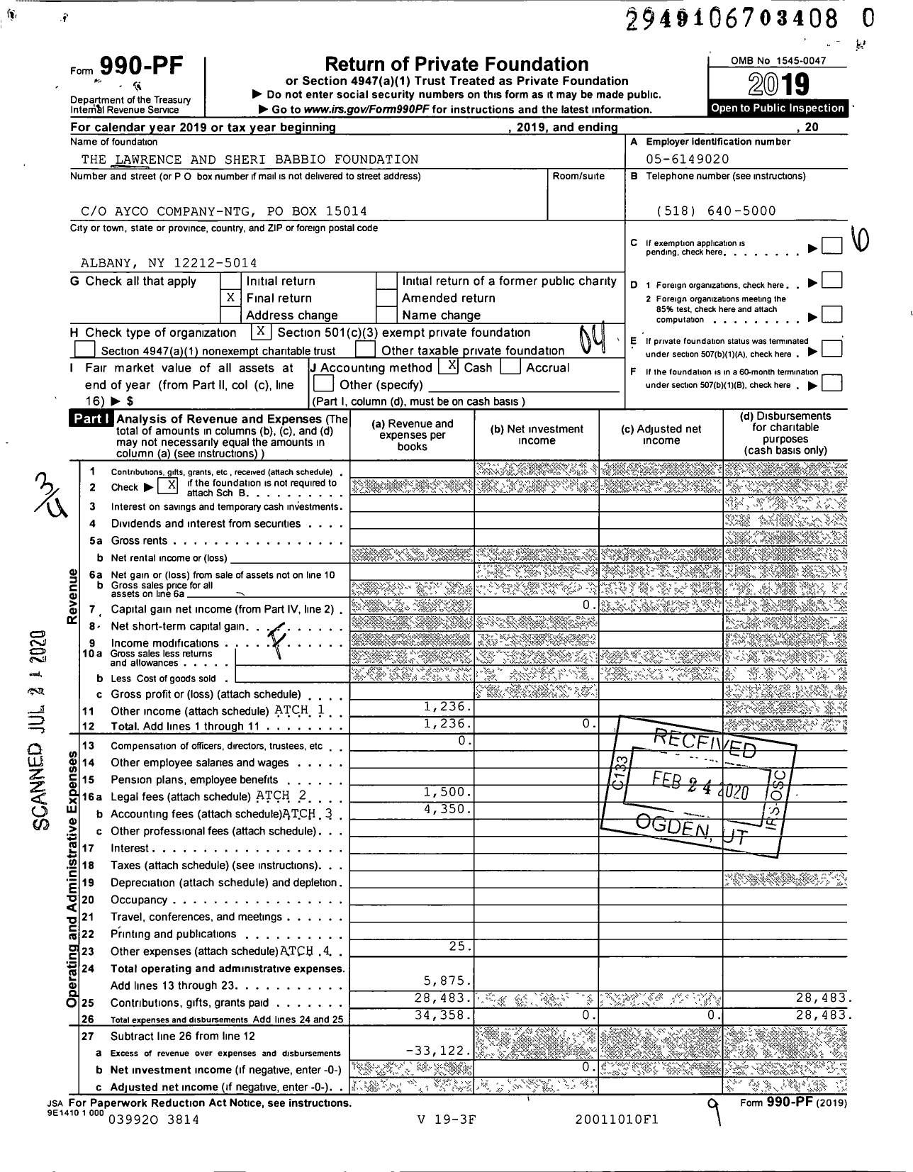 Image of first page of 2019 Form 990PR for Lawrence and Sheri Babbio Foundation