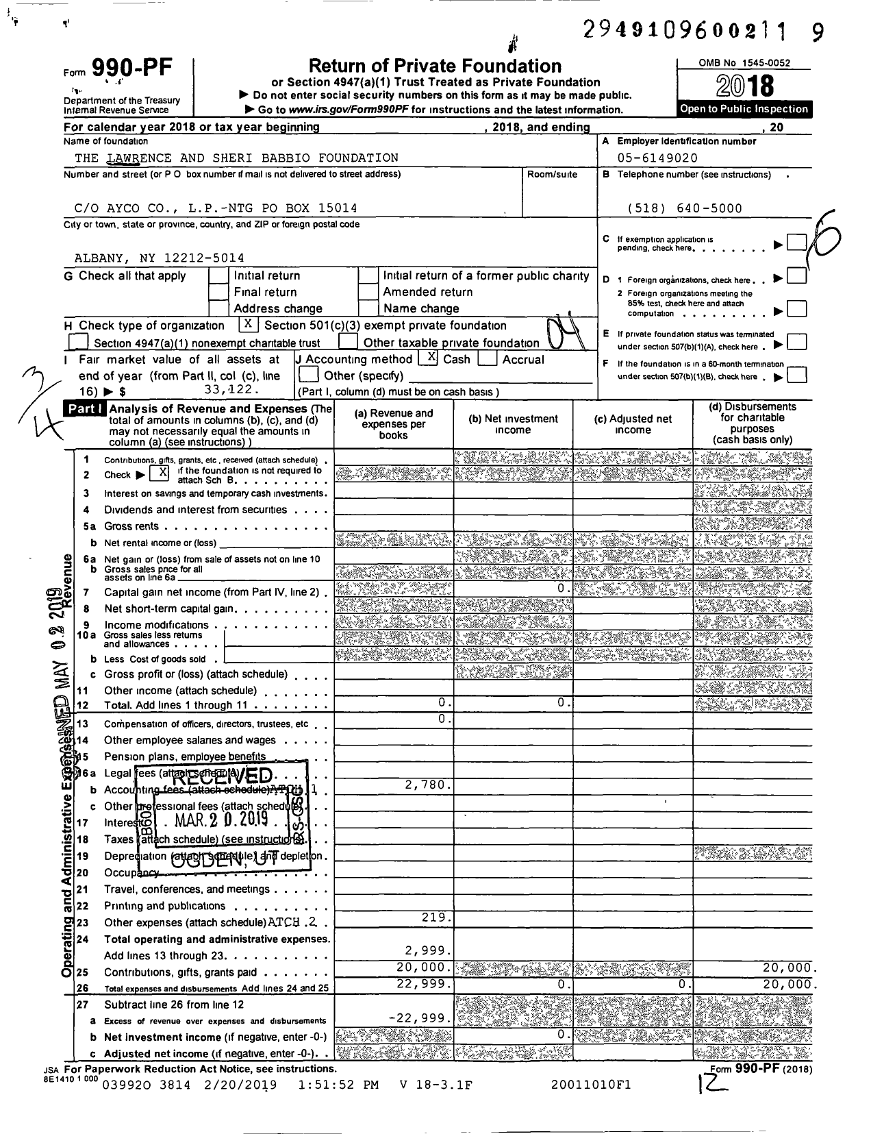 Image of first page of 2018 Form 990PF for Lawrence and Sheri Babbio Foundation