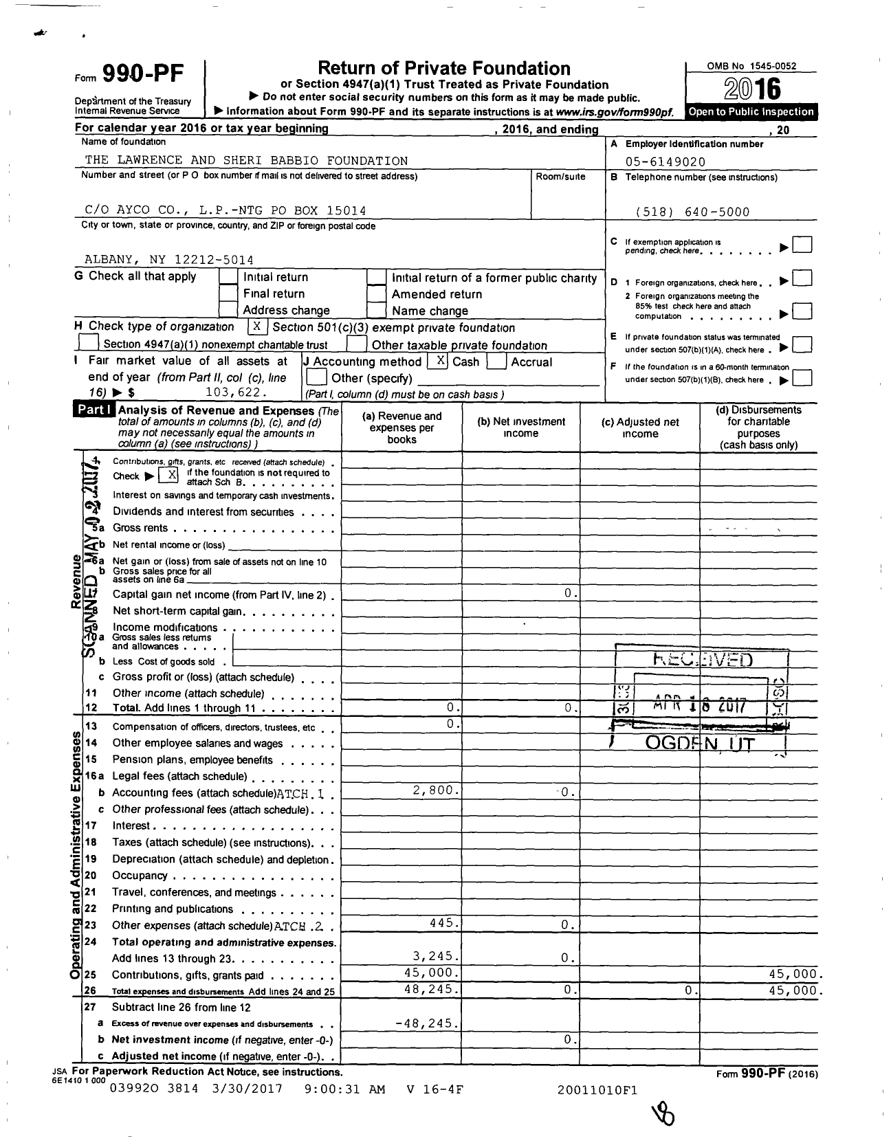 Image of first page of 2016 Form 990PF for Lawrence and Sheri Babbio Foundation