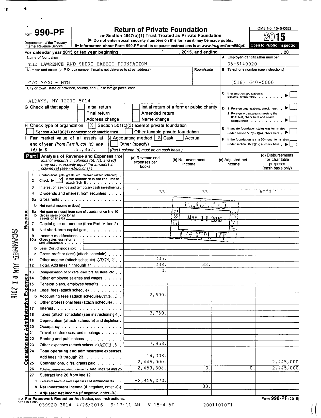 Image of first page of 2015 Form 990PF for Lawrence and Sheri Babbio Foundation