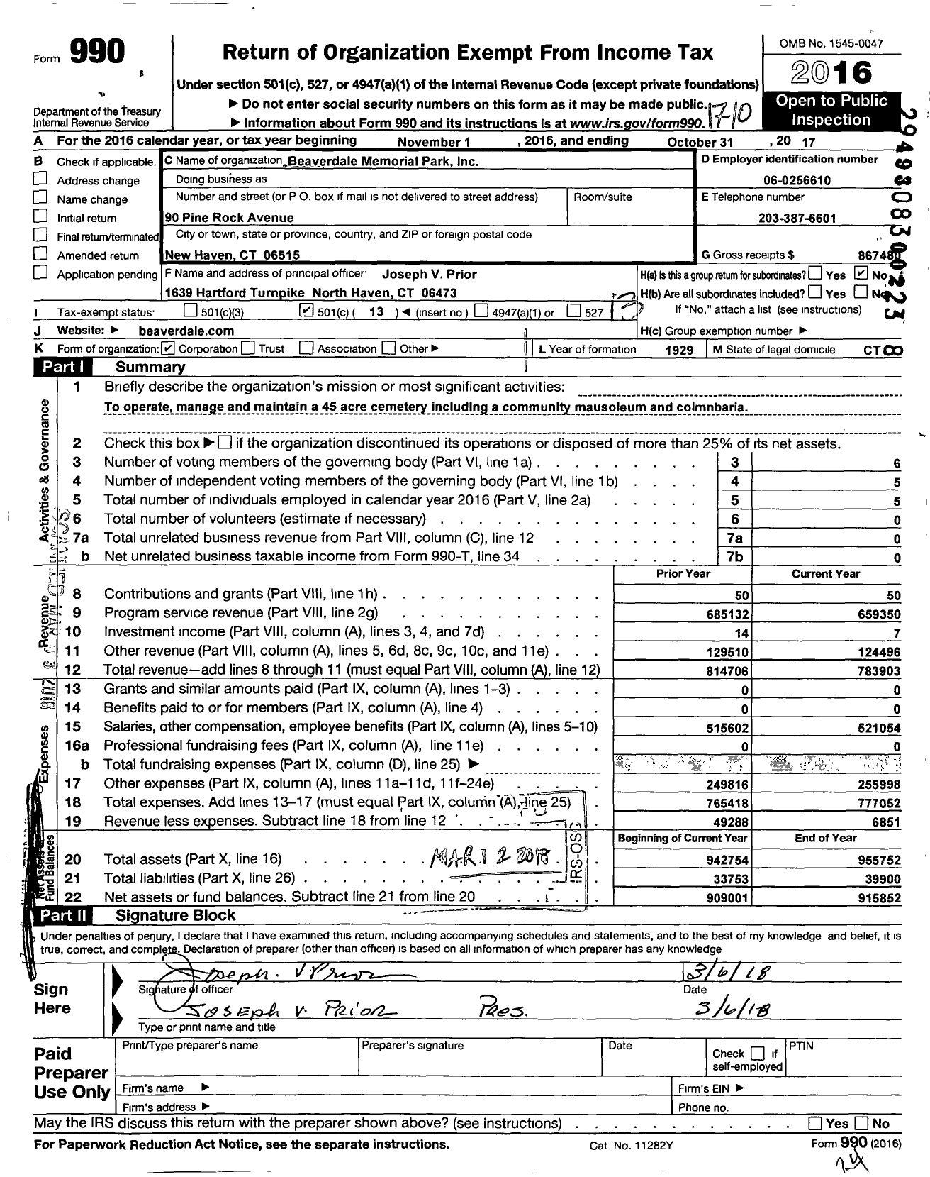 Image of first page of 2016 Form 990O for Beaverdale Memorial Park