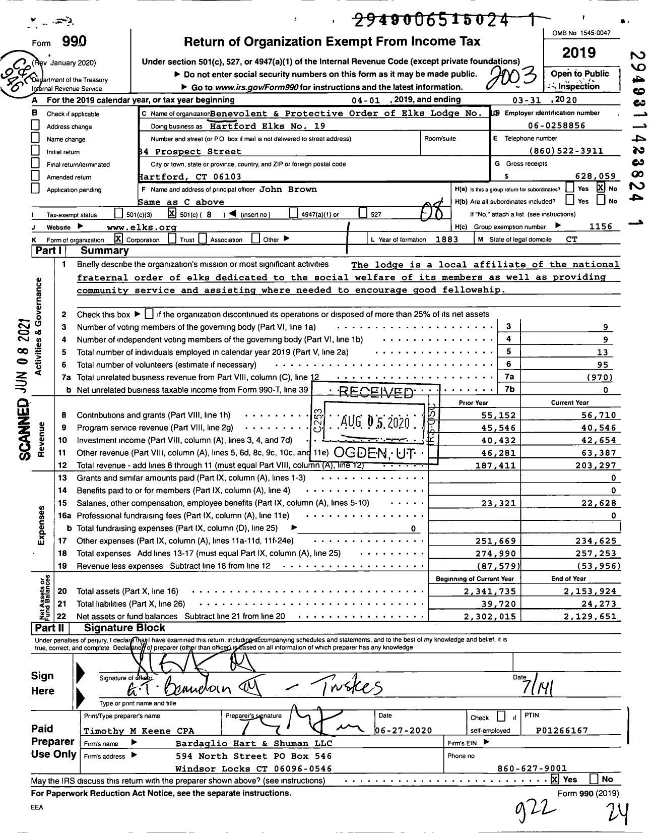 Image of first page of 2019 Form 990O for Benevolent and Protective Order of Elks - Hartford Elks No 19